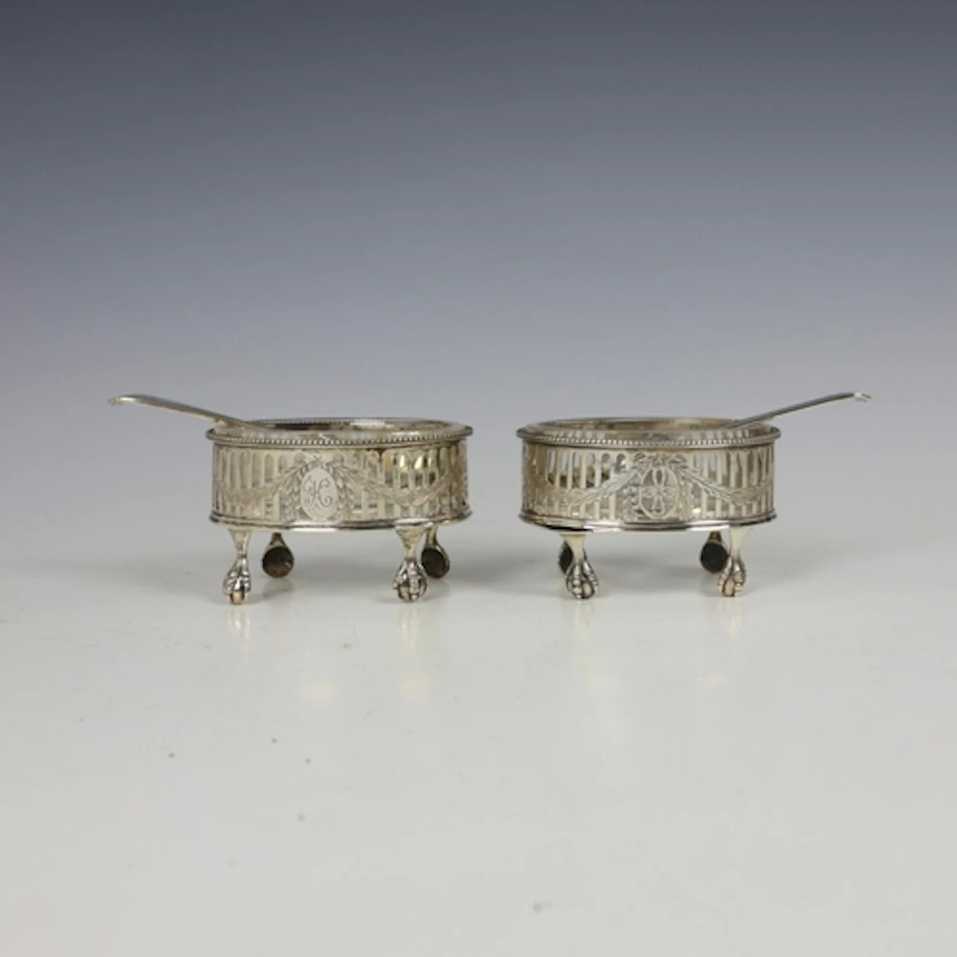 A pair of George III silver mounted open-salts, Robert Henne...