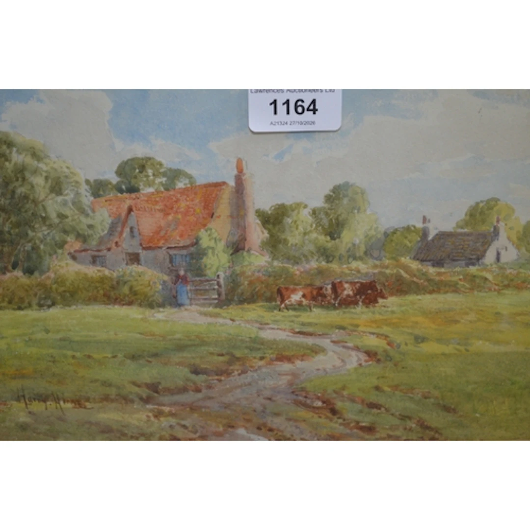 Harry Hime, watercolour, rural scene with figure, cattle, an...