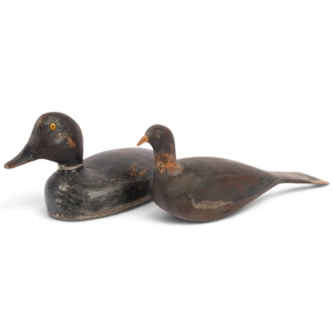 2 Antique carved and painted wood decoy birds, pigeon and du...