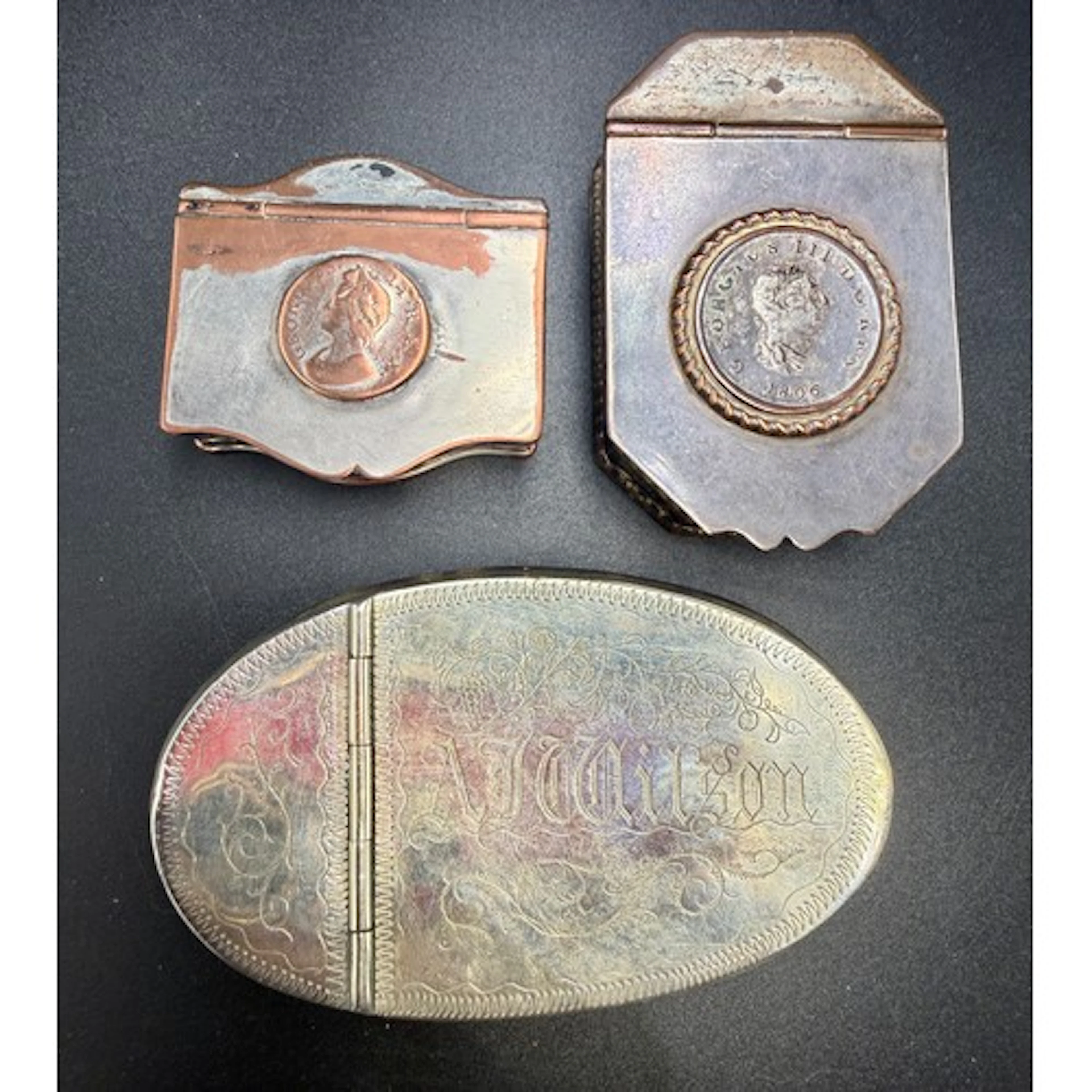 Three 19thC silver plated snuff boxes.
