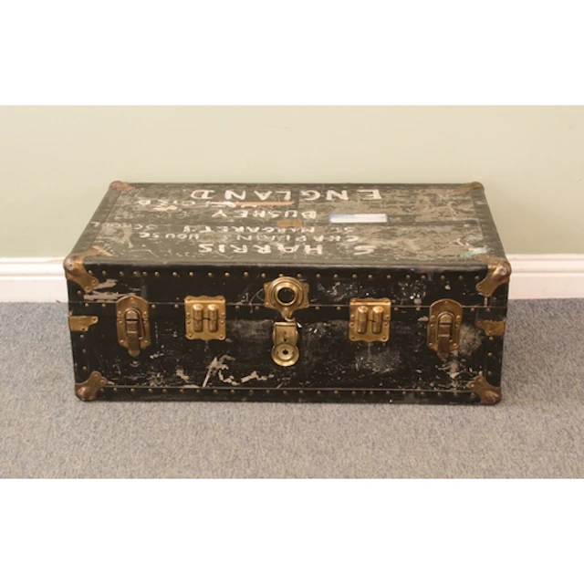 A vintage school or steamer trunk - black painted with gold ...