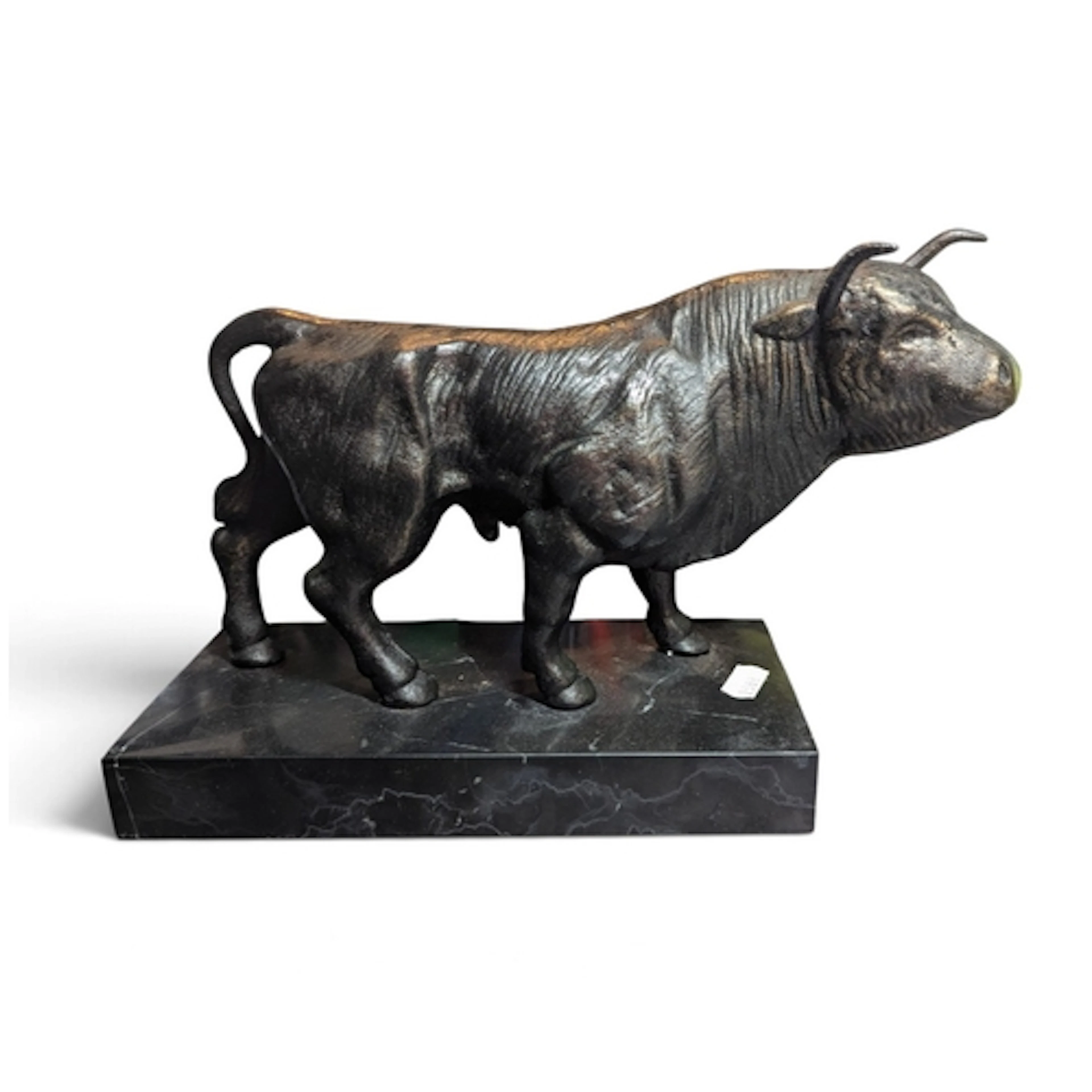 Bronzed bull on marble plinth - formed of cast metal