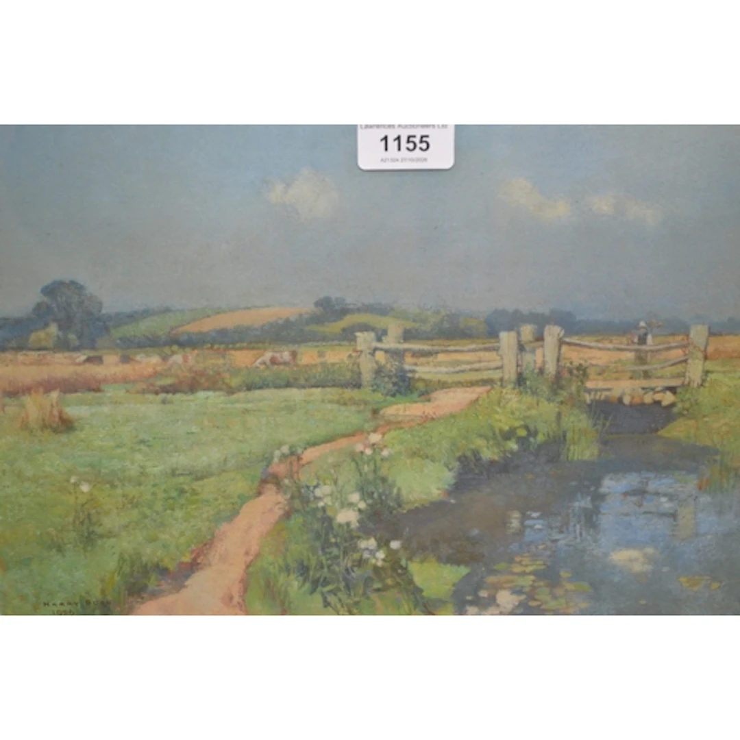 Harry Bush, mixed media, summer landscape with figure on a w...
