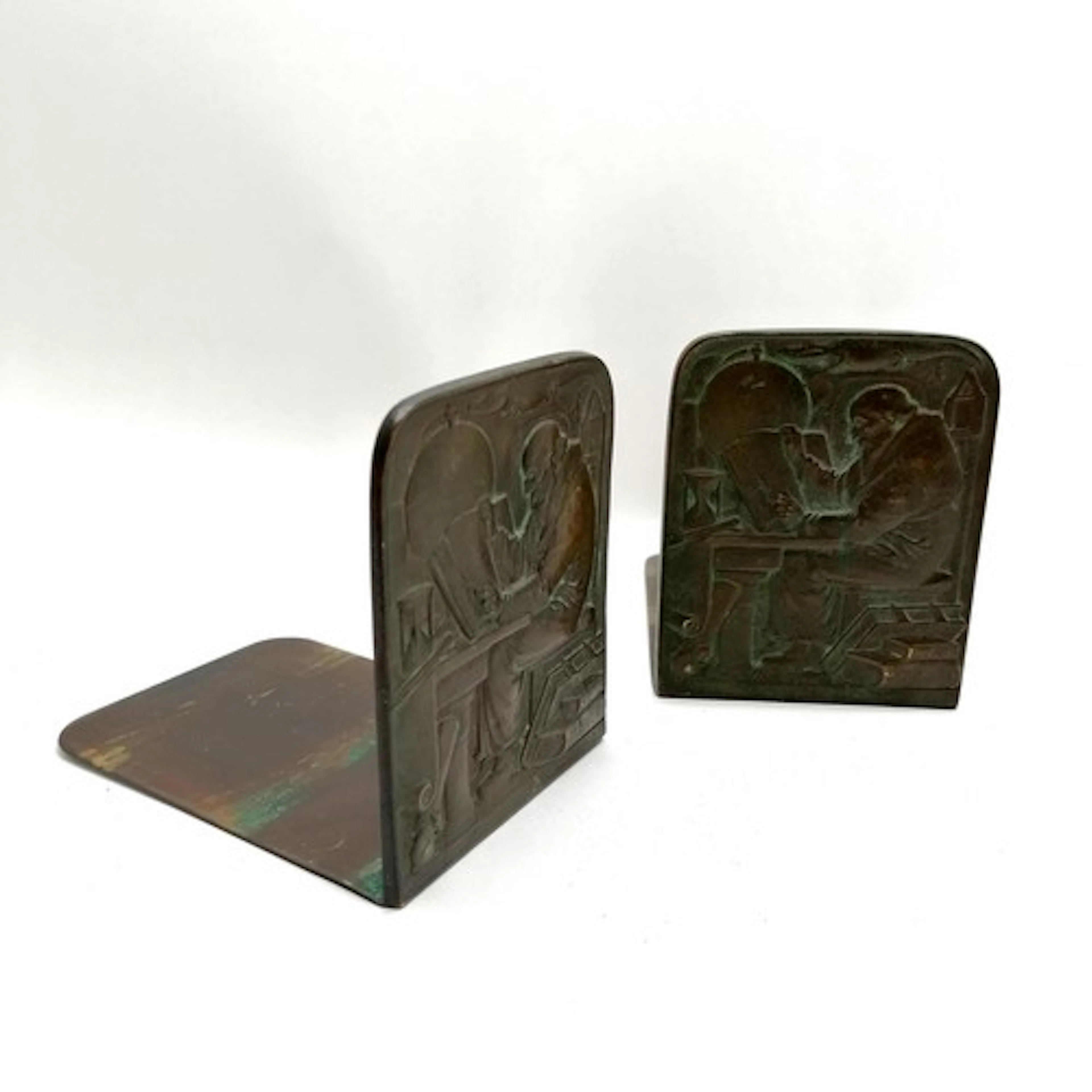 E Dragsted antique pair of bronze bookends depicting a seate...