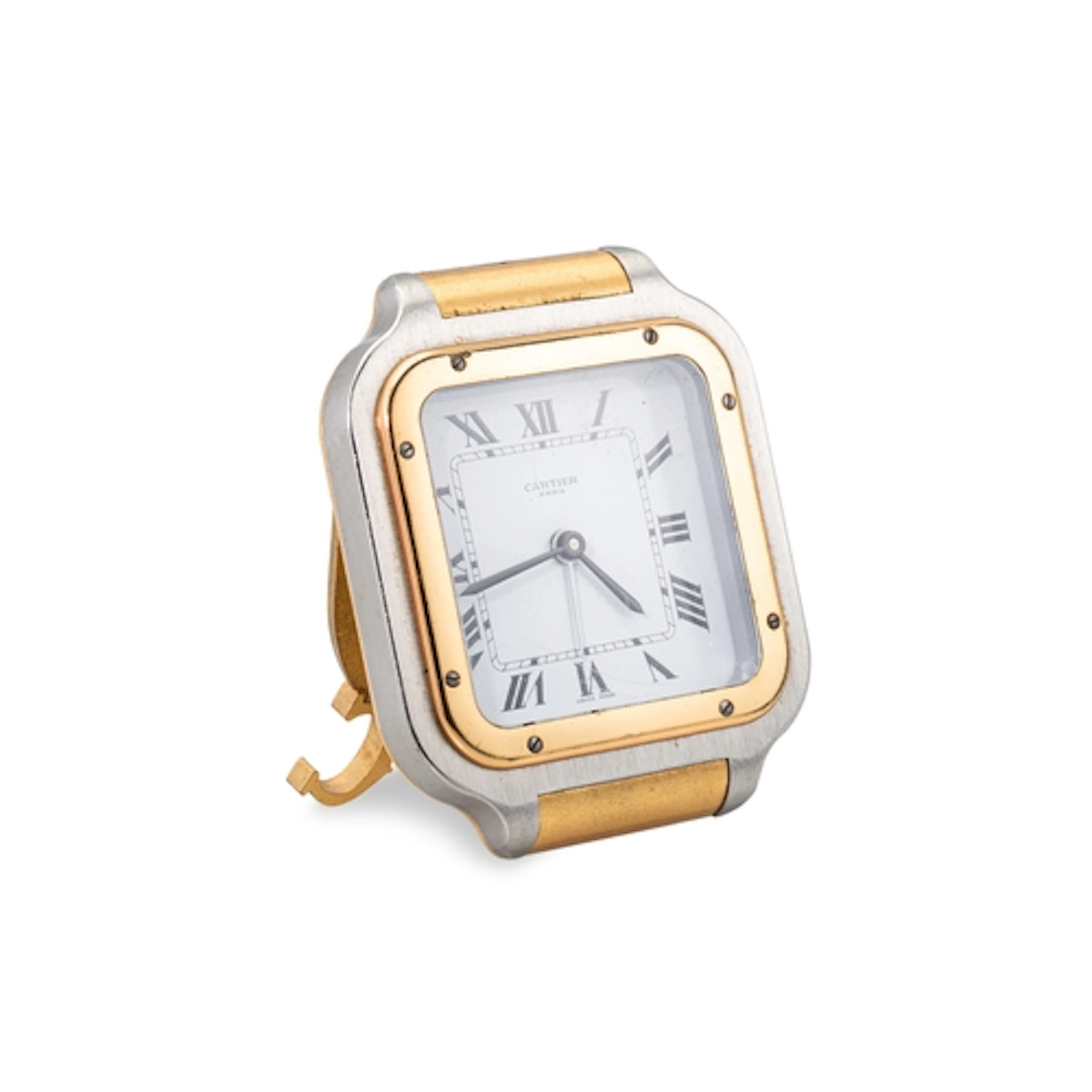 A CARTIER DESK WATCH, Roman numerals, 2.75" x 3"