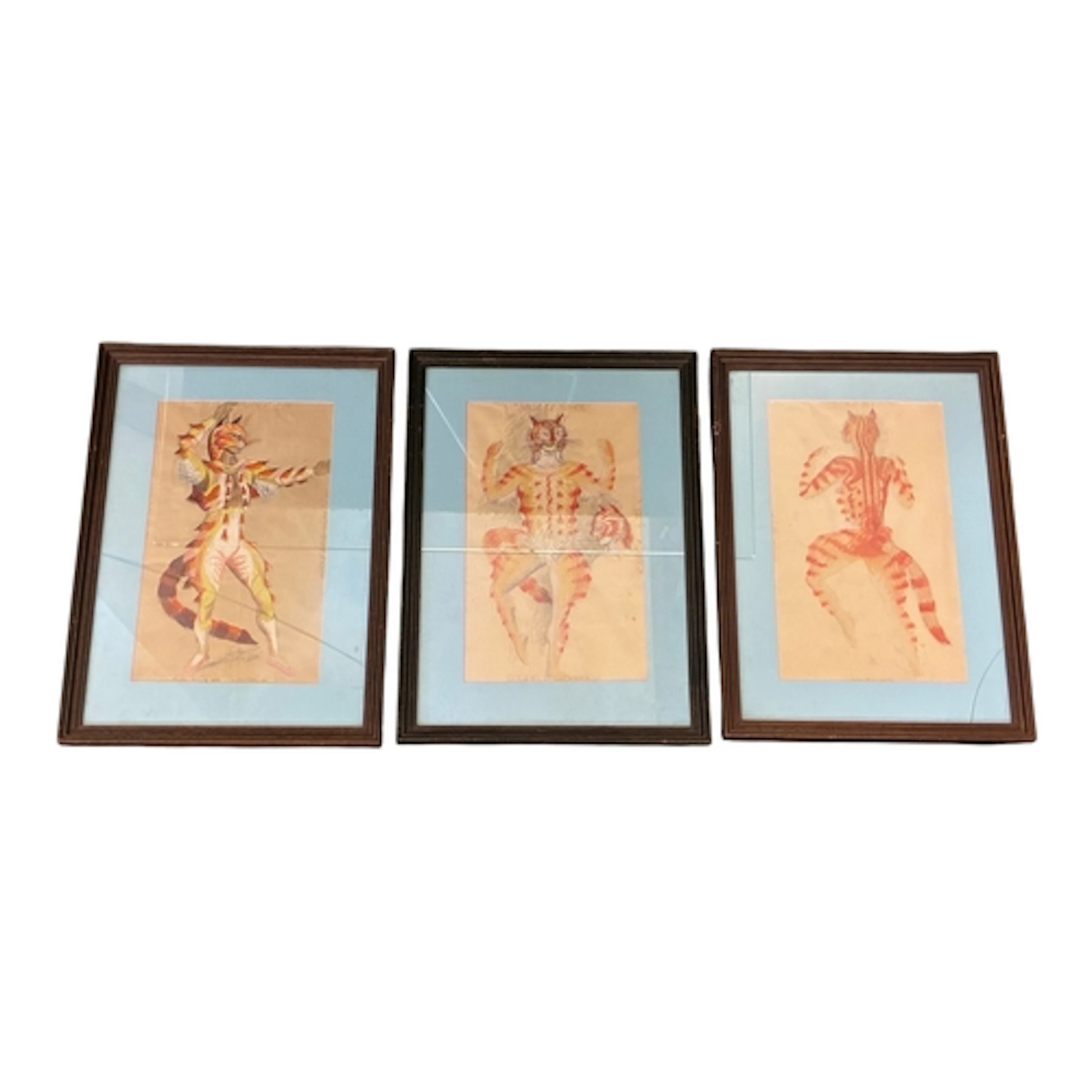 Three early 20th century theatre designs of cat-themed costu...