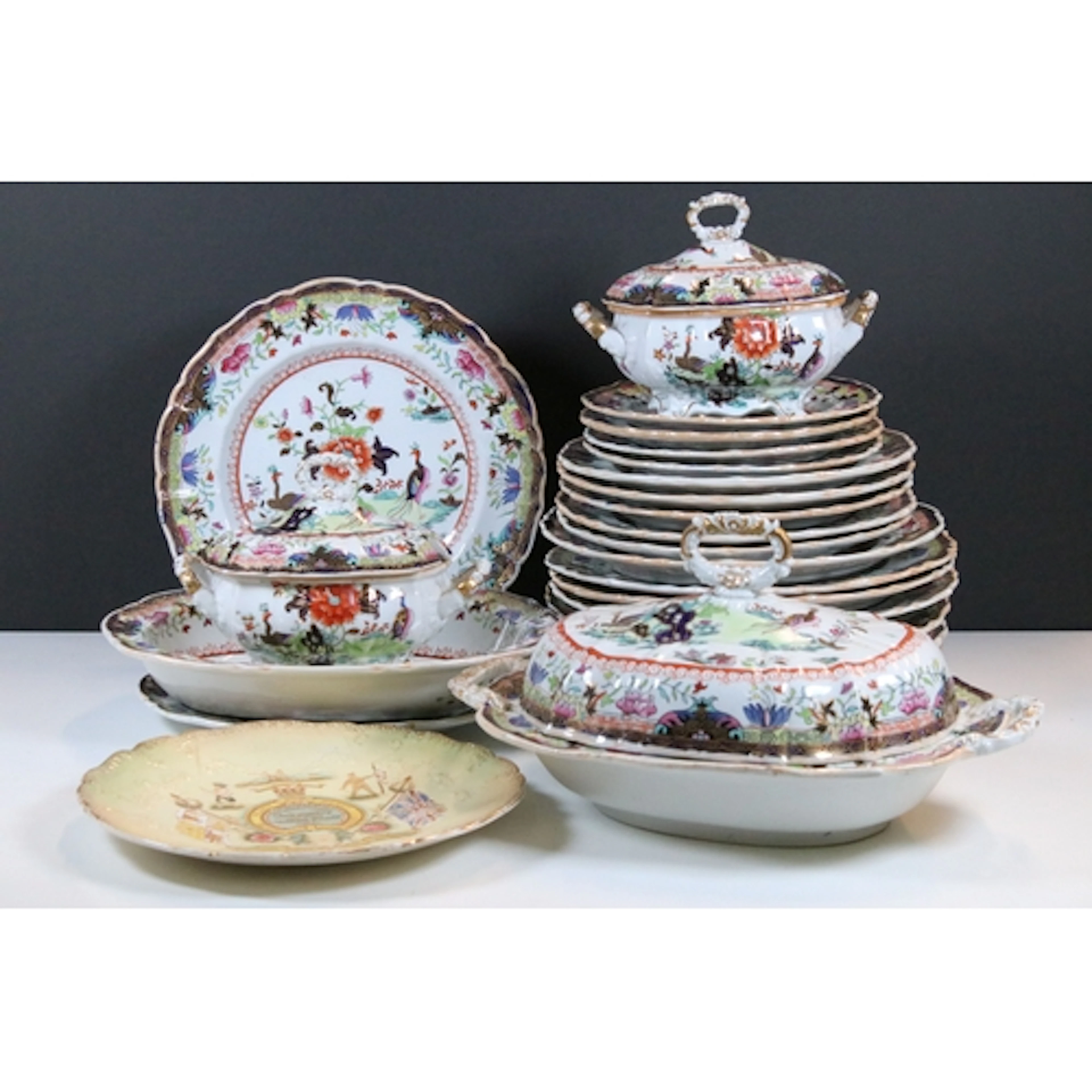 Antique ironstone Green Imari pattern part dinner service, t...