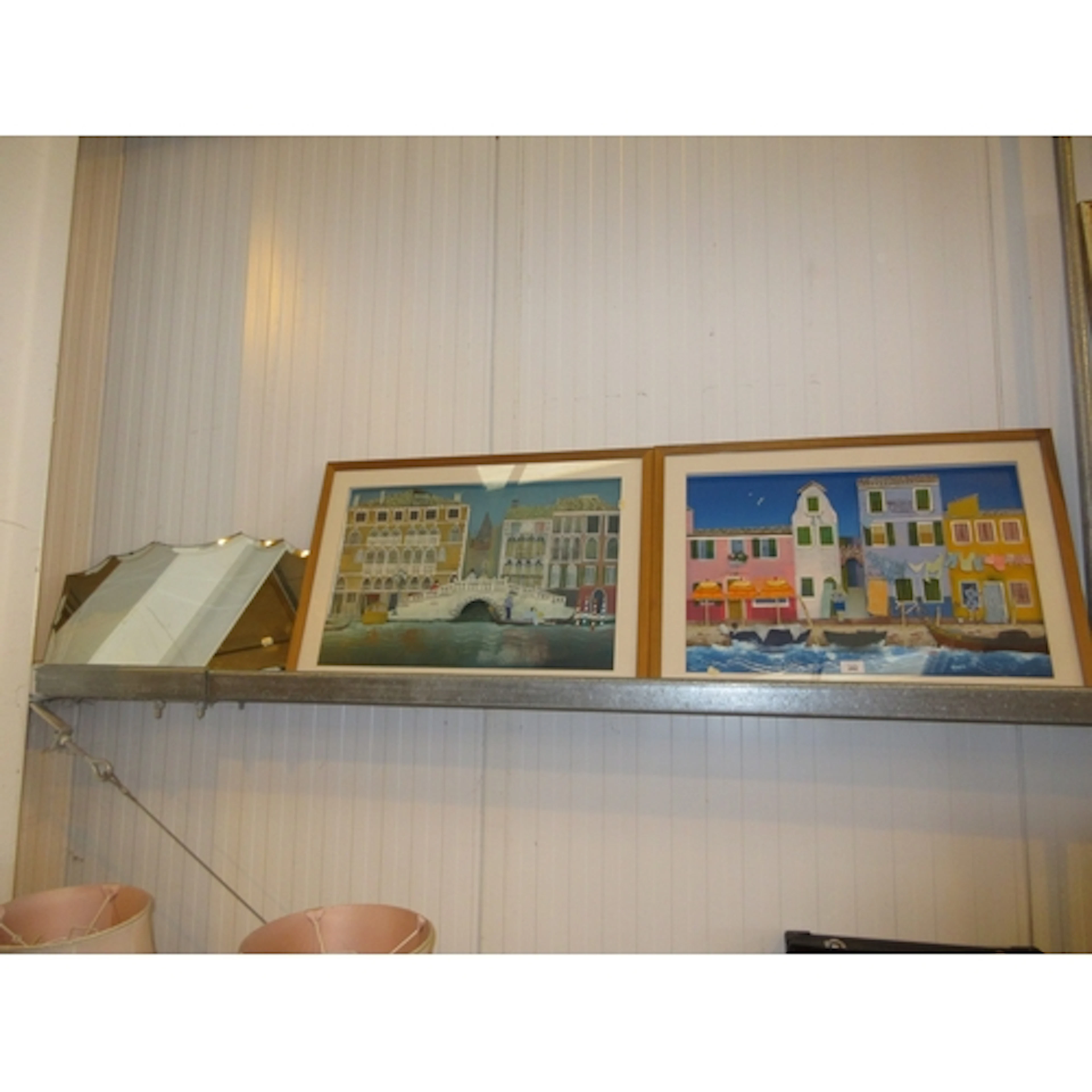Two Venetian Scene Cut Paper Pictures and a Frameless Wall M...