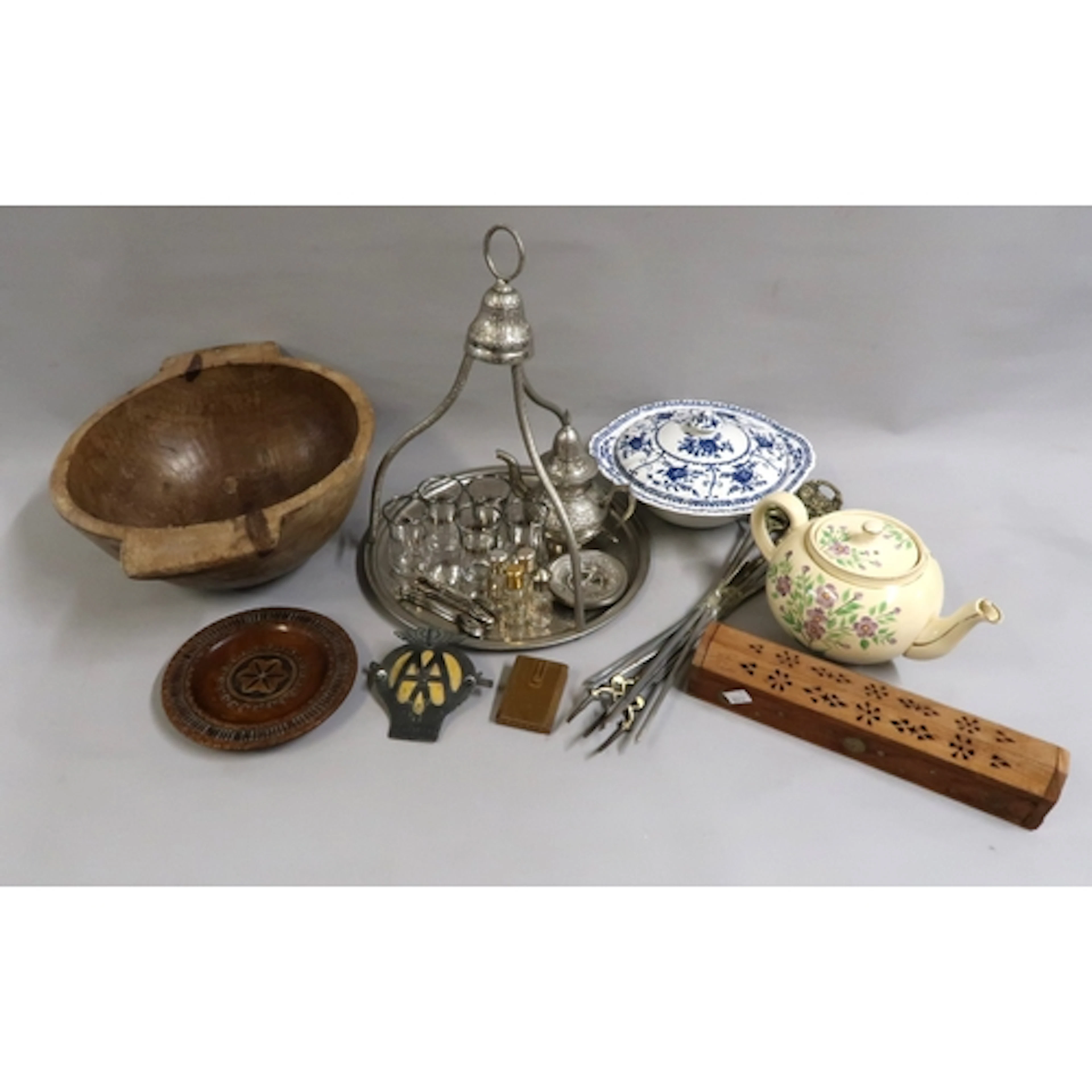 Dug-out wooden bowl, Turkish tea set, door handle, door bell...