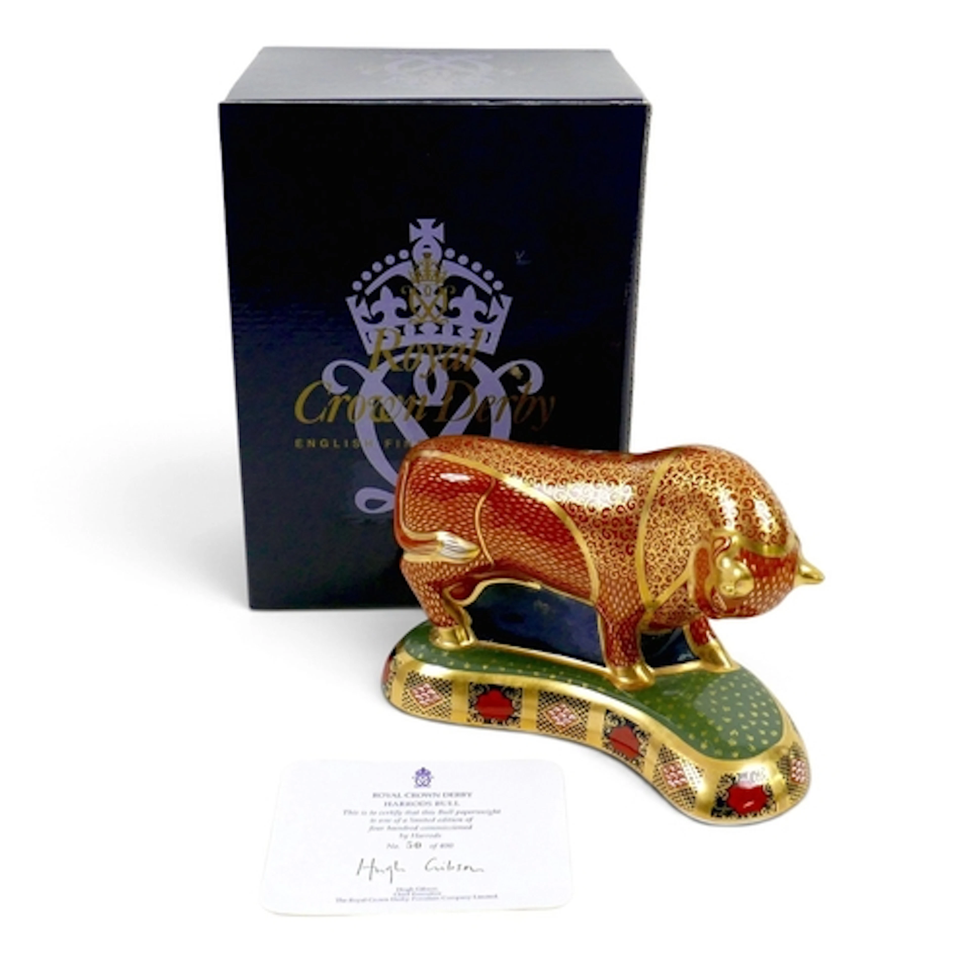A LIMITED EDITION ROYAL CROWN DERBY HARRODS BULL PAPERWEIGHT...