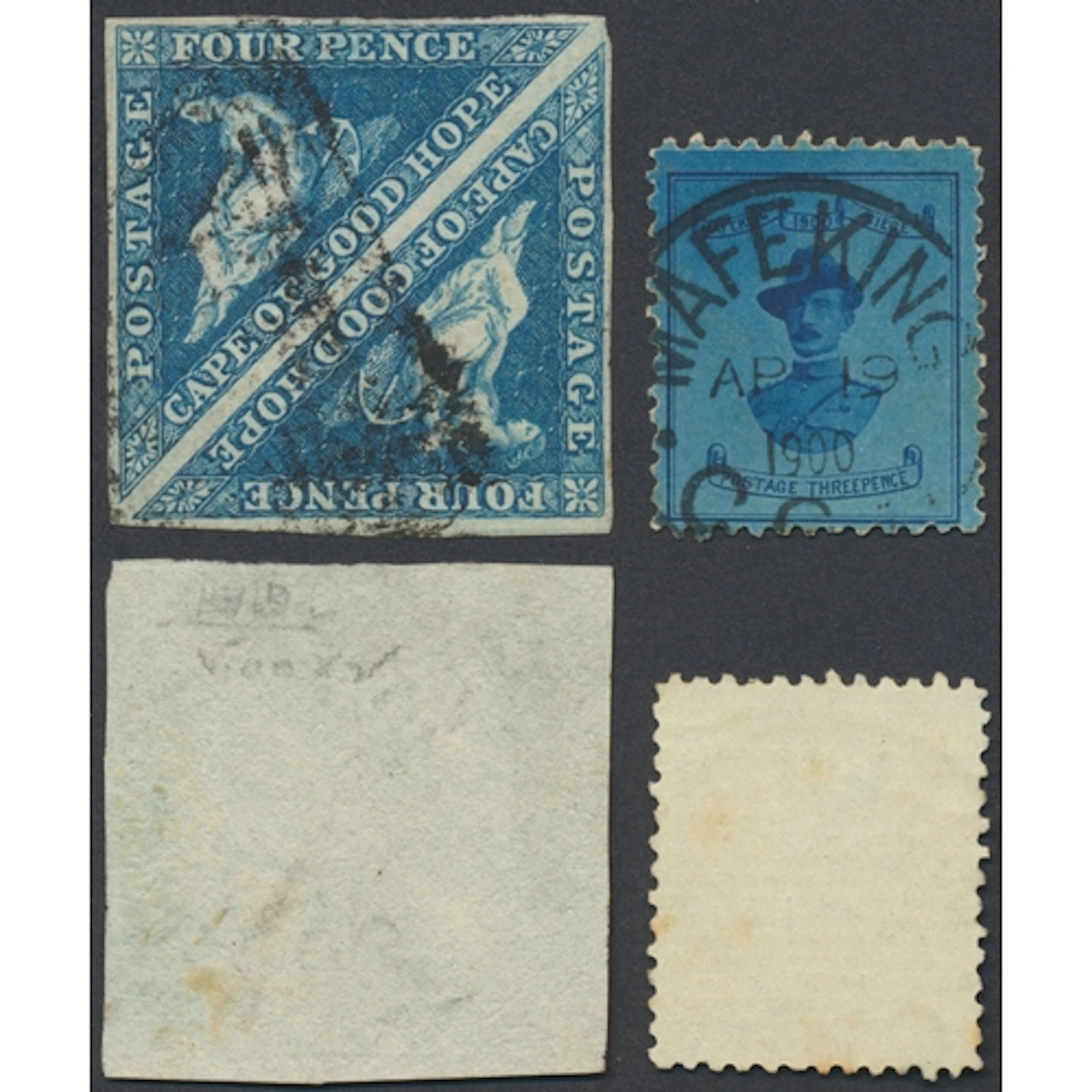 Cape of Good Hope. 1855-8 4d deep blue U, pair plus Mafekin...