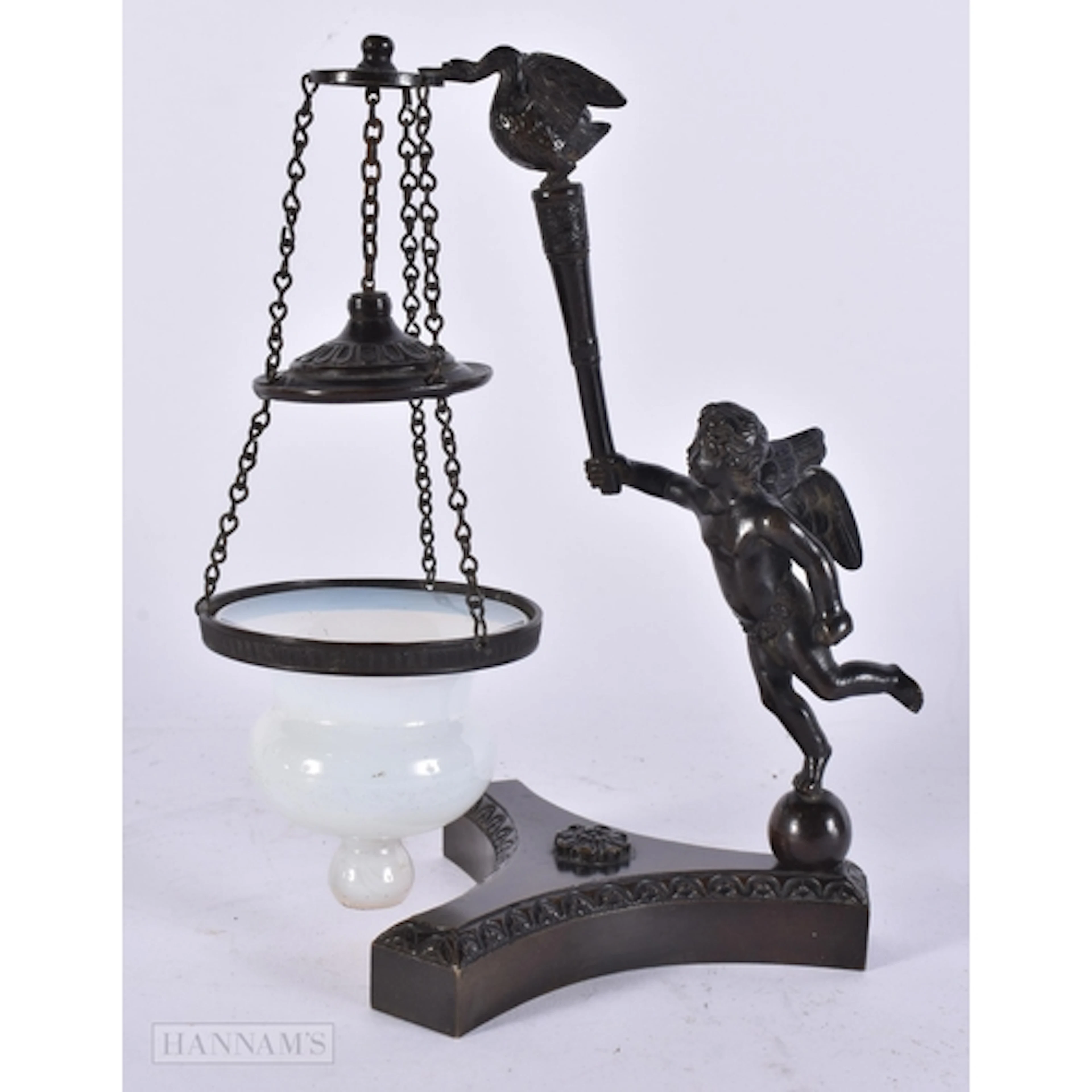 A RARE 19TH CENTURY GRAND TOUR BRONZE AND OPALESCENT GLASS L...