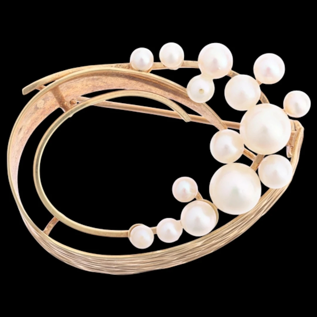 A Vintage modernist 14ct gold pearl abstract brooch, import ...