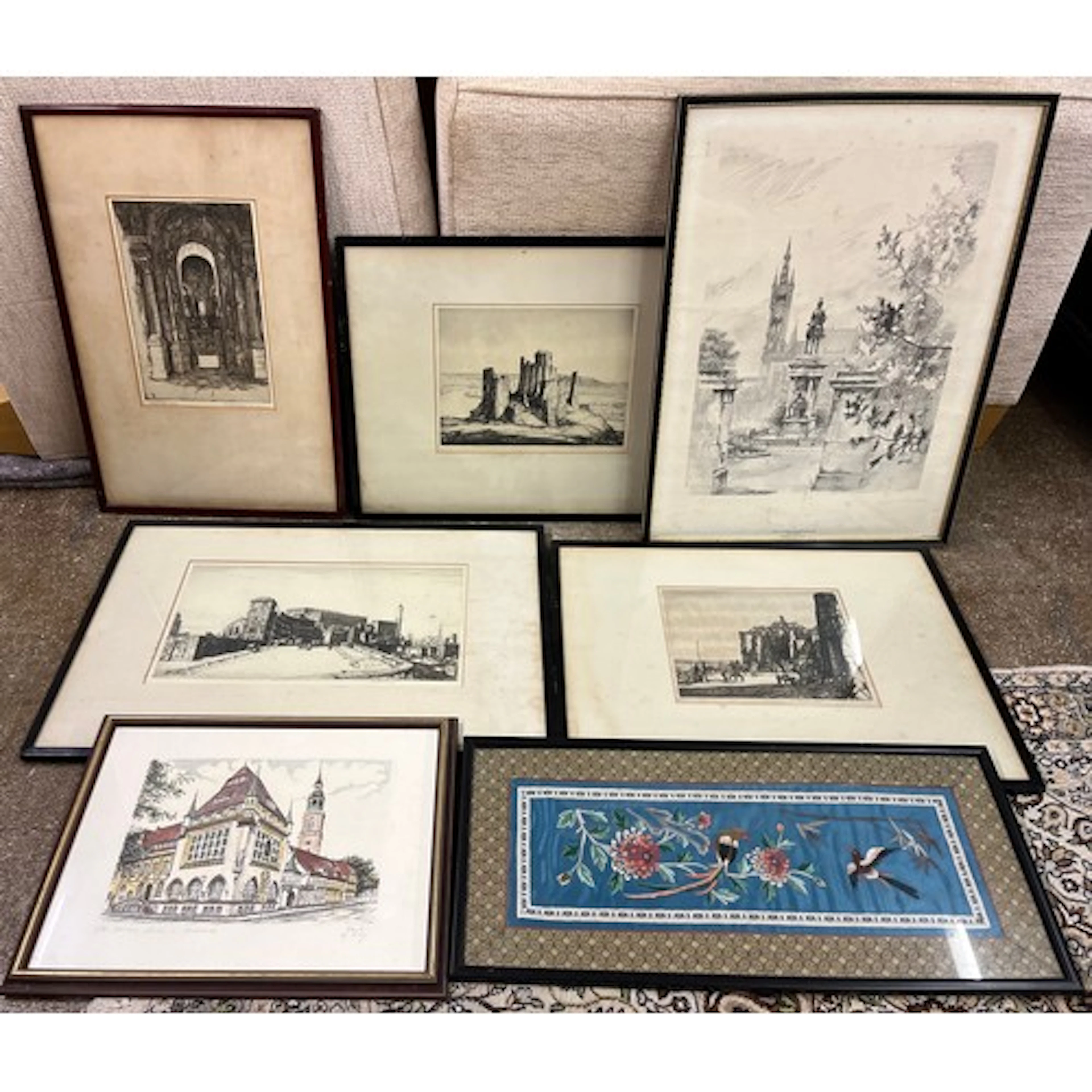 Collection of seven framed pictures to include oriental patt...