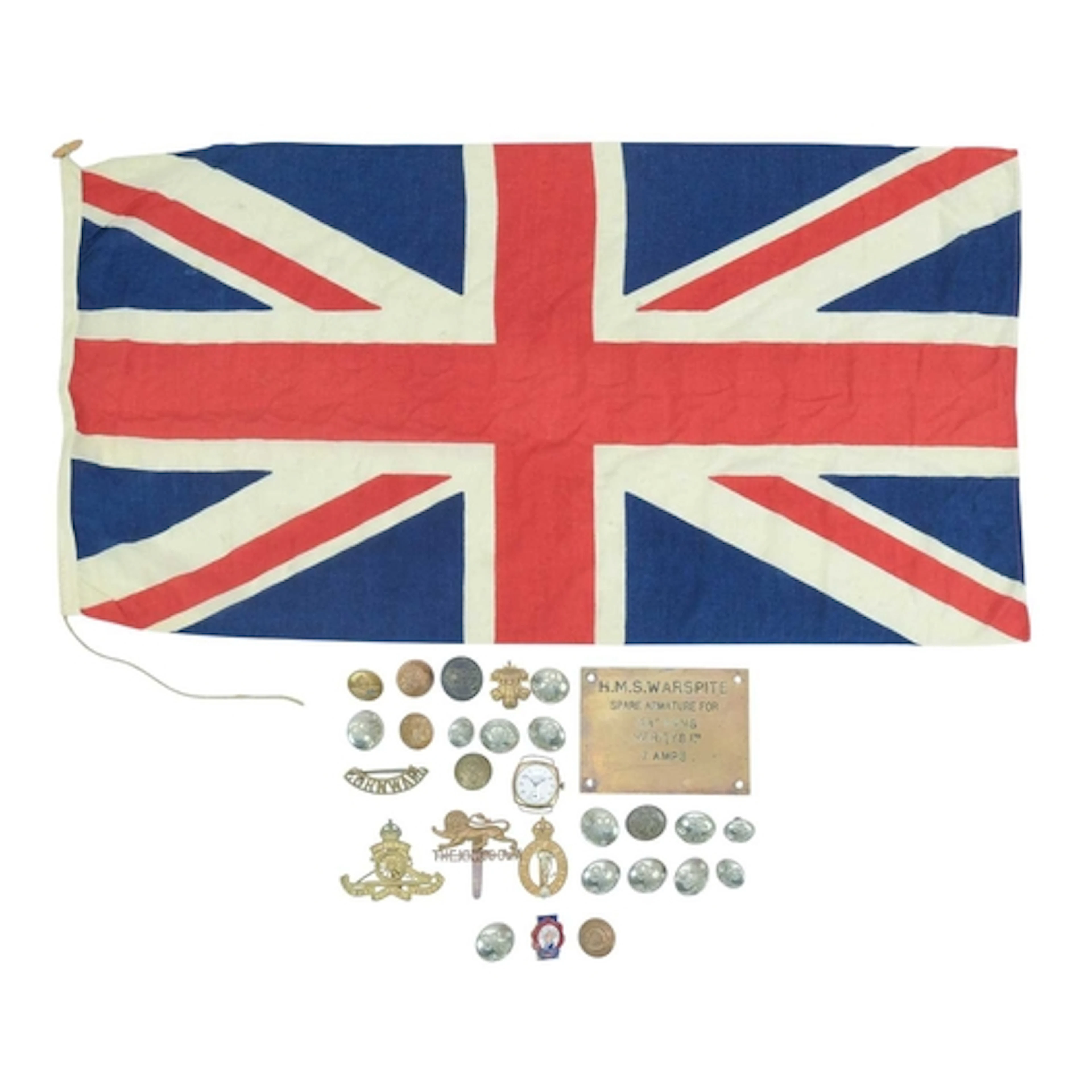 Military Buttons & Badges & Flag. Small tin containing vario...