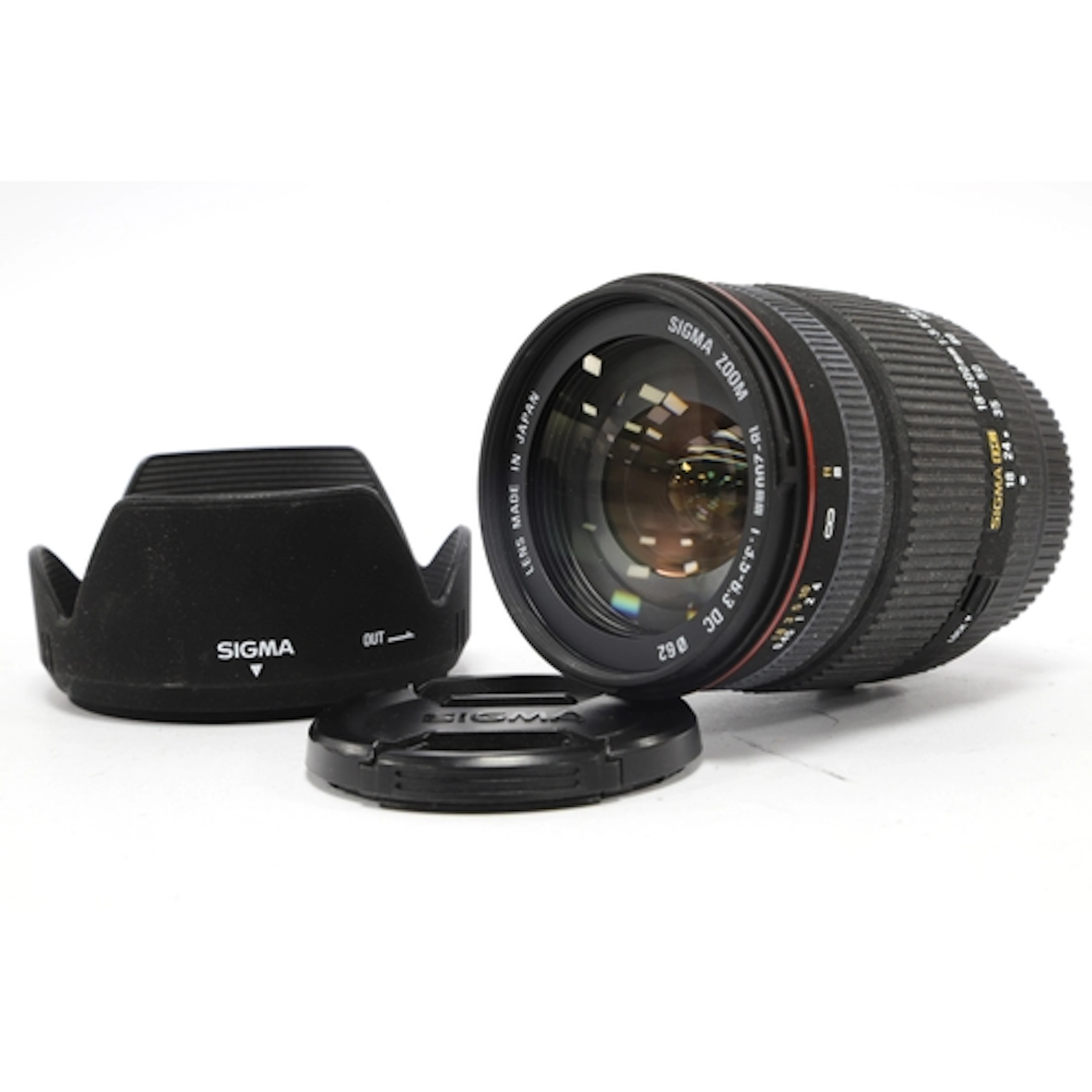 Sigma DC 18-200mm f/3.5-6.3, lens caps and hood, Untested.