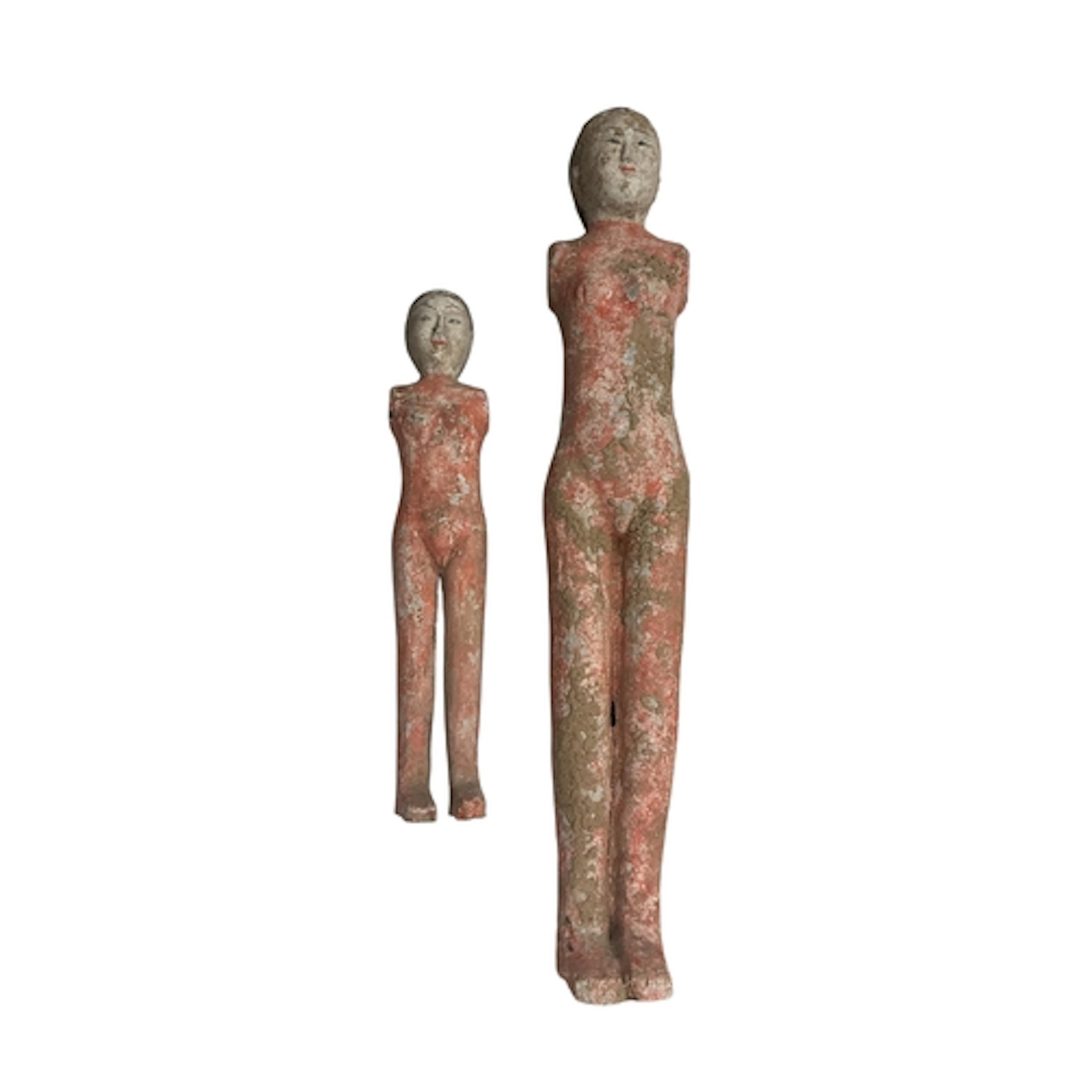 Two Chinese painted pottery female stick figures, Han dynast...
