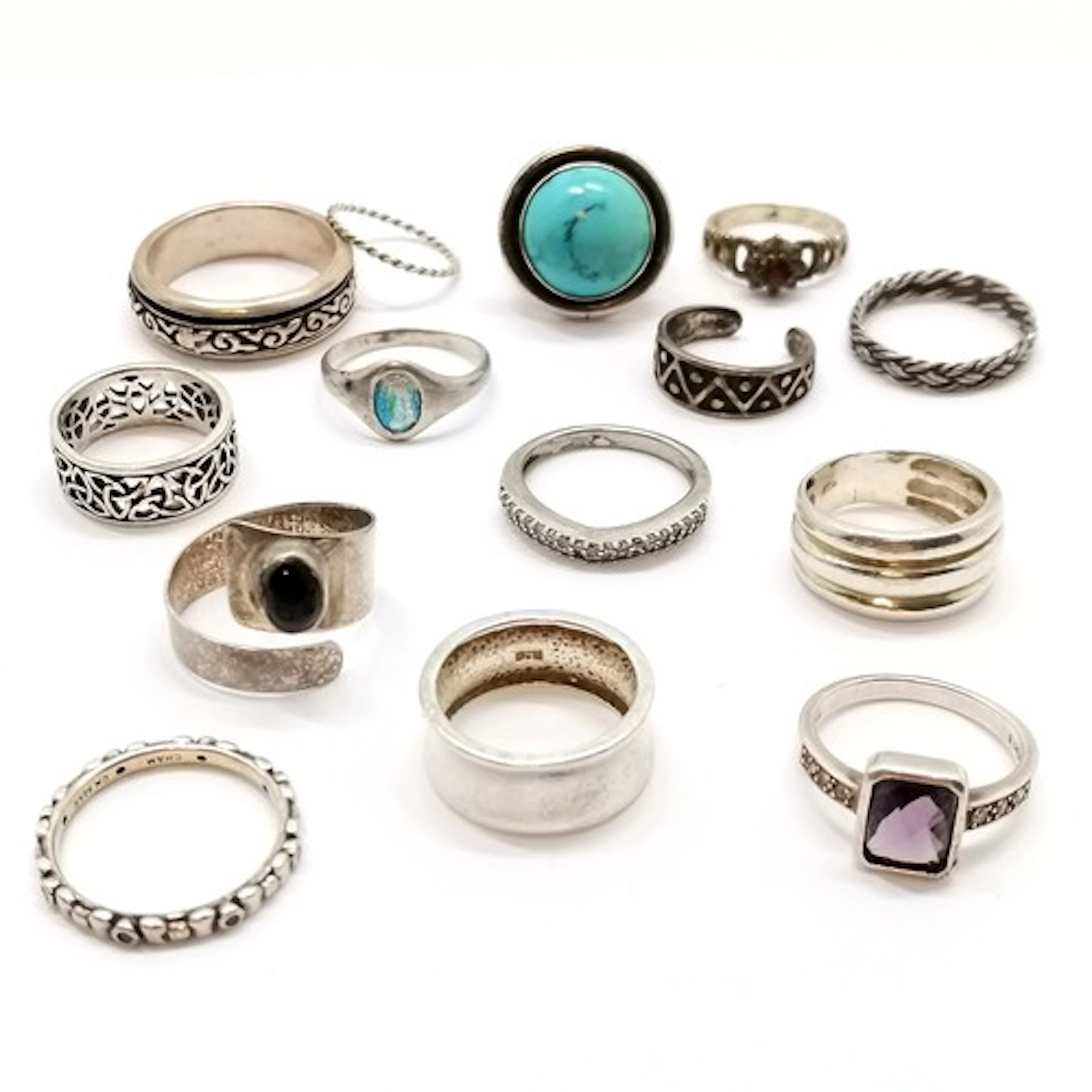 14 x silver marked rings inc (large - size Z½) spinner, Char...