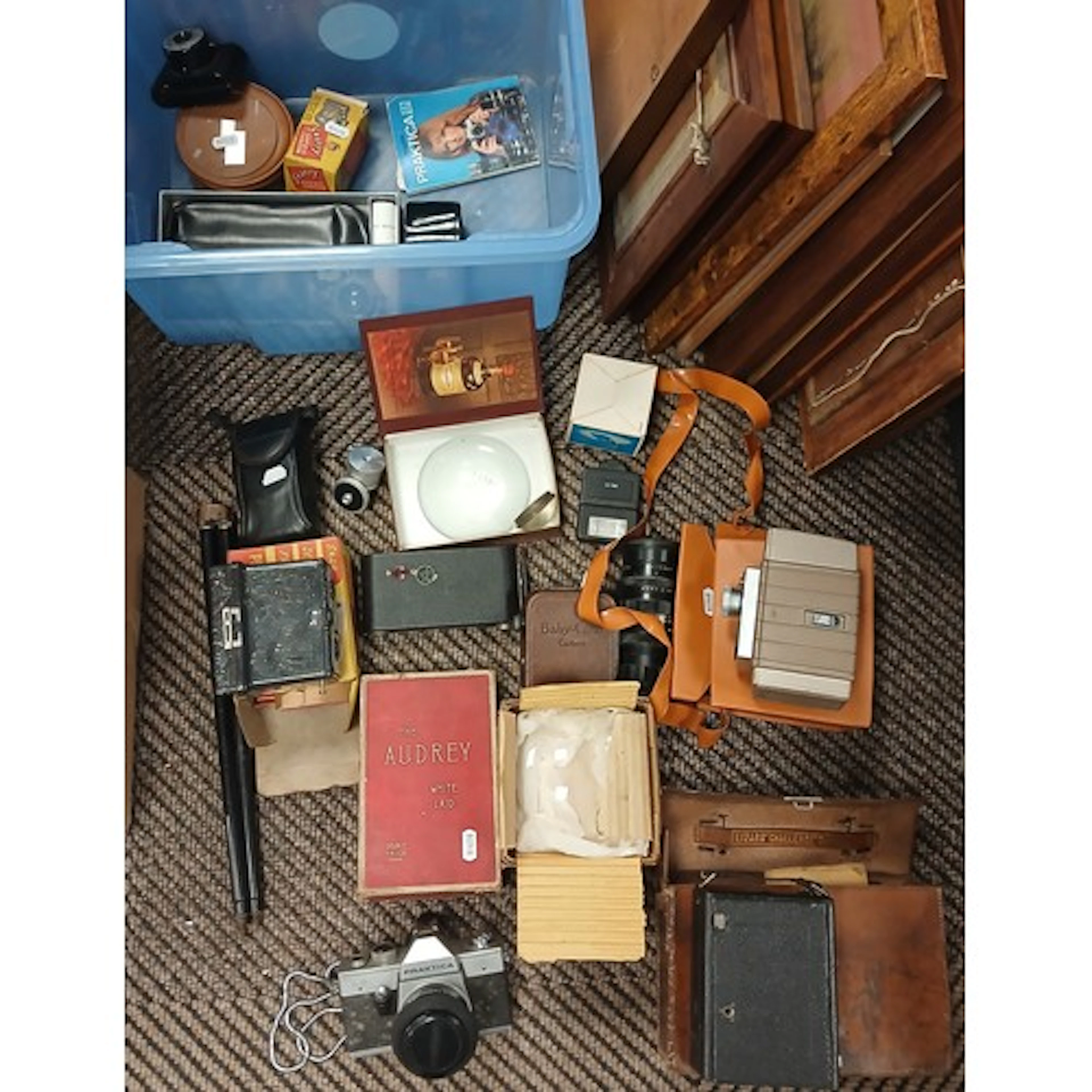 Collection of vintage cameras, lenses, flash, tripod etc.