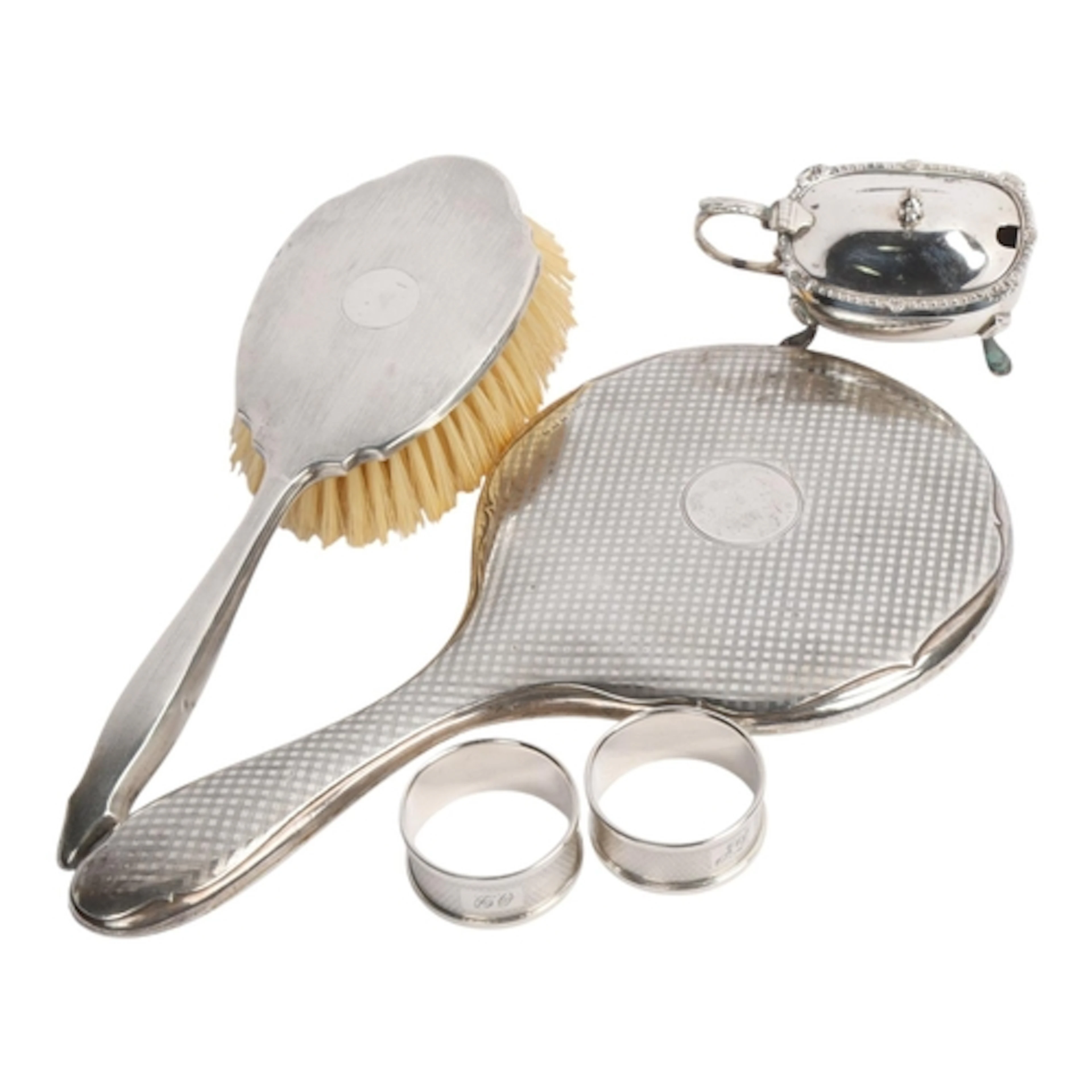 Various silver, including Harrods mustard pot, pair of napki...