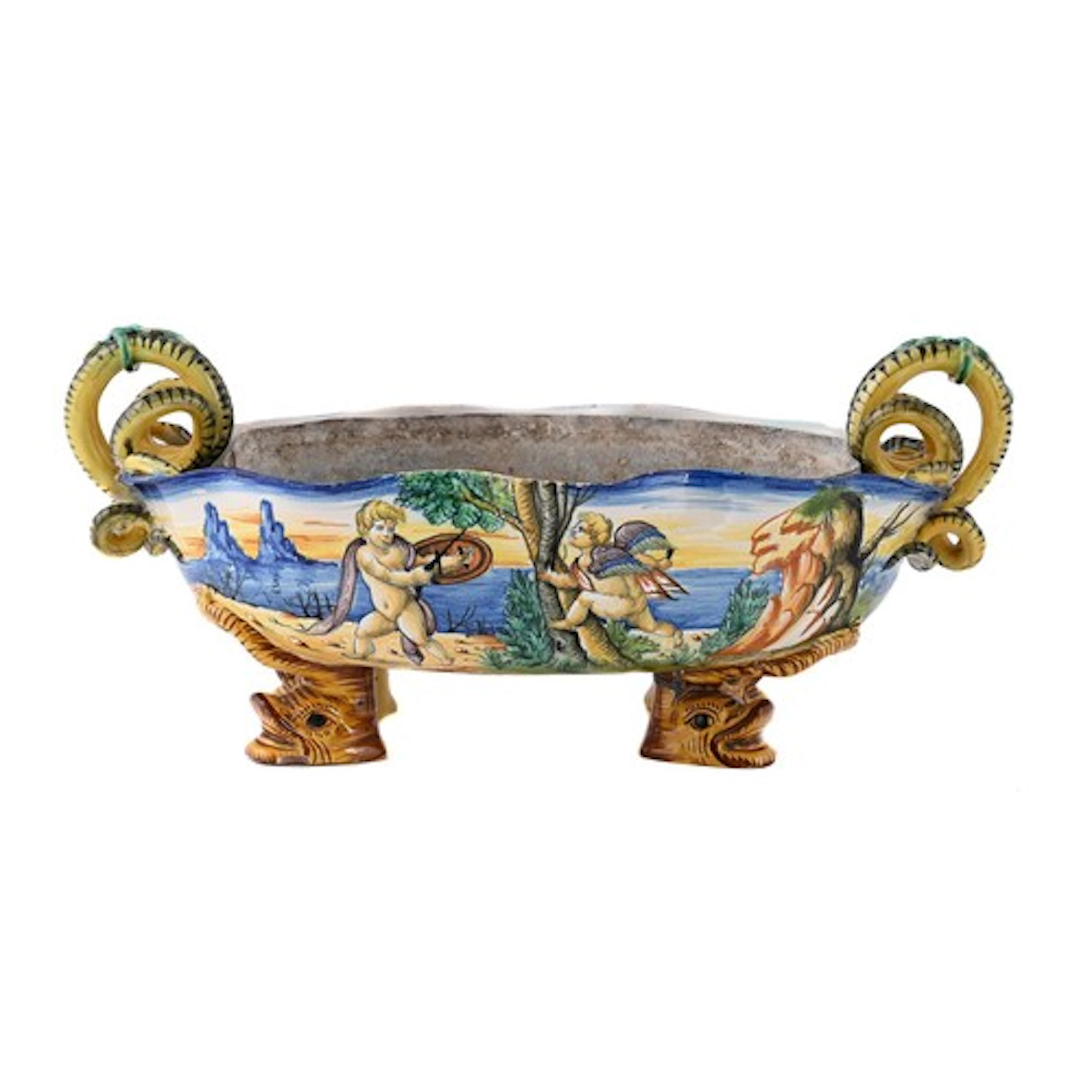 A Ulysse Cantagalli majolica twin-handled shaped-oval istori...