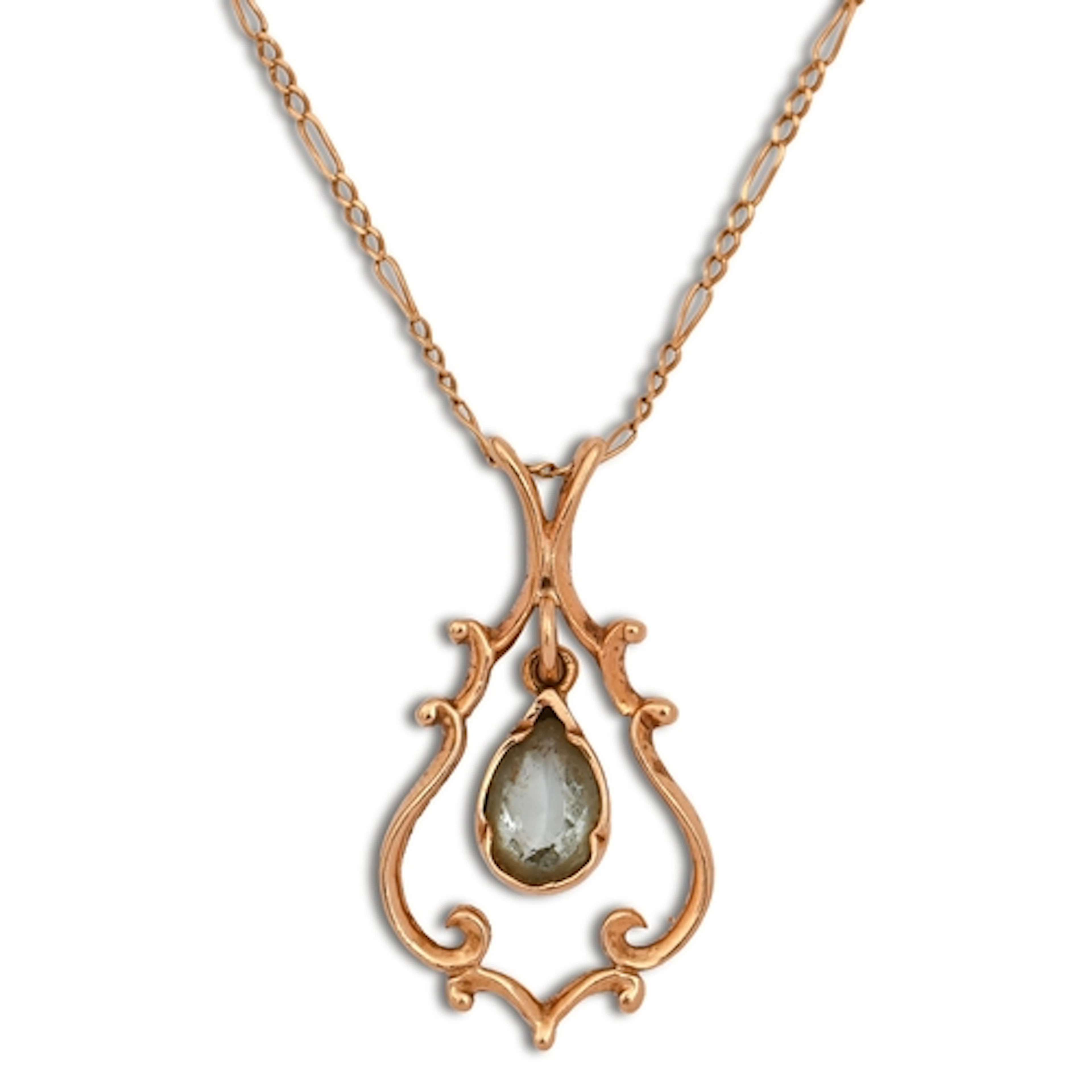 An aquamarine pendant, in 9ct gold, 3.2cm h, on 9ct gold cha...