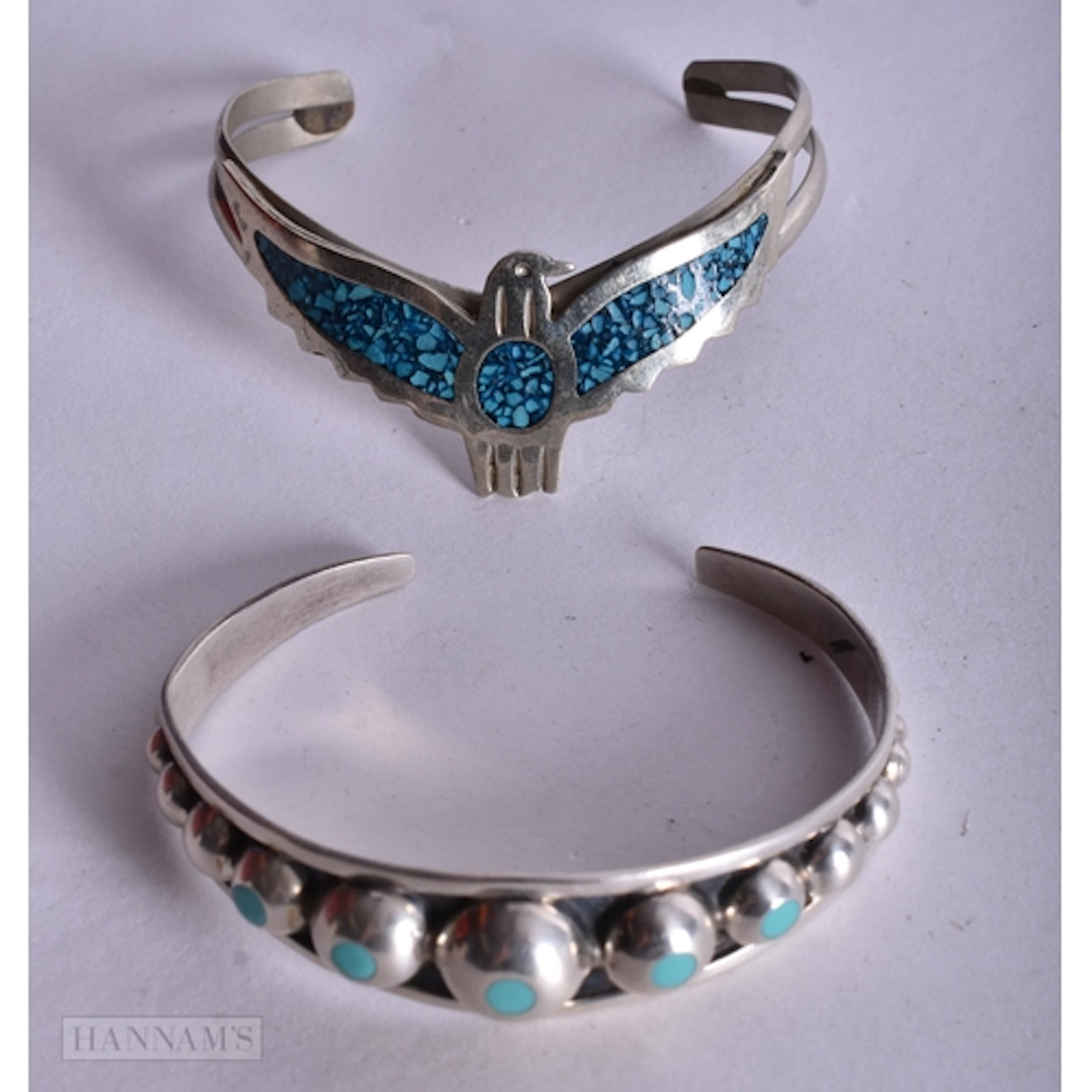 TWO MEXICAN SILVER AND TURQUOISE BRACELETS STAMPED 925 , 29....