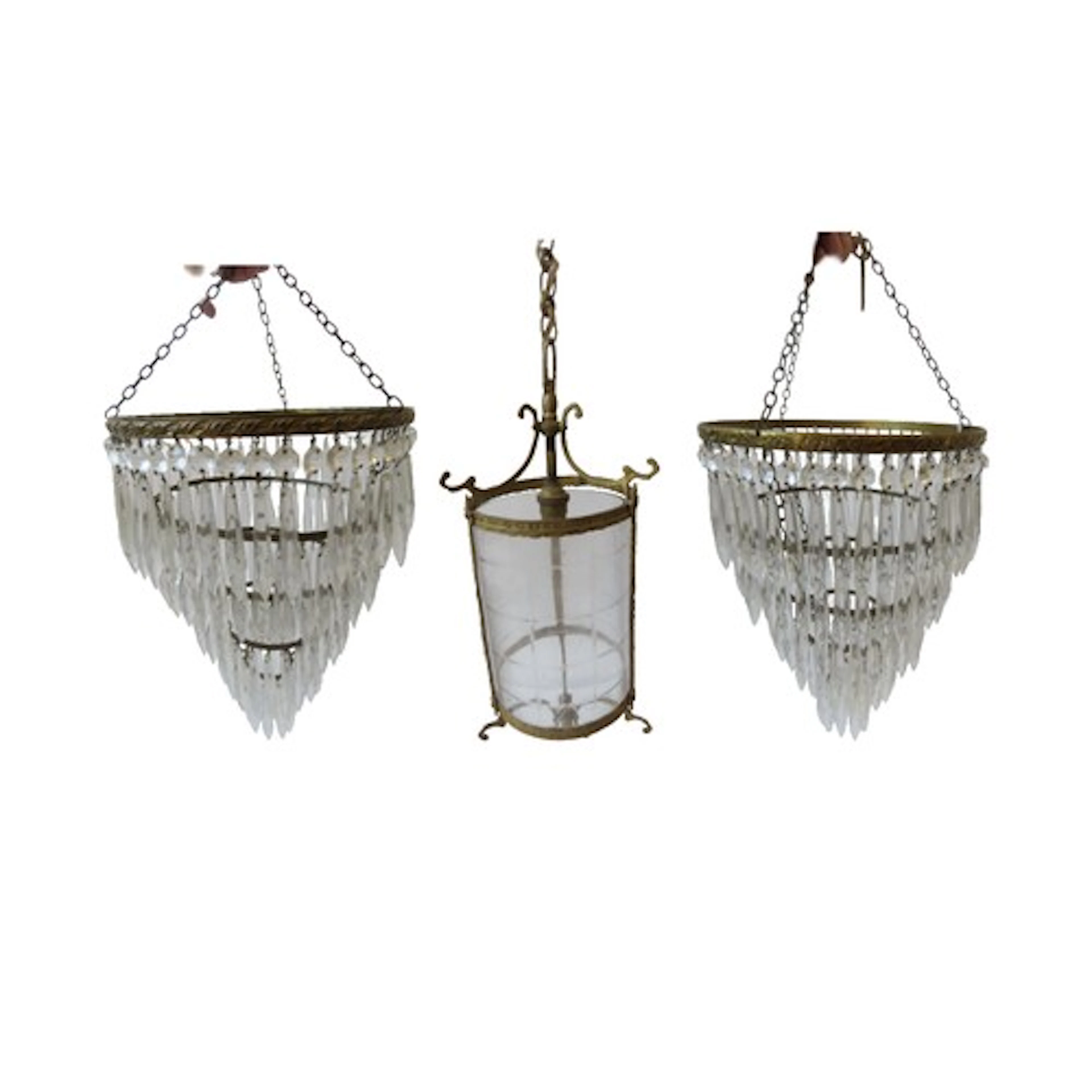 A PAIR OF VINTAGE GLASS DROP CHANDELIERS with graduated circ...