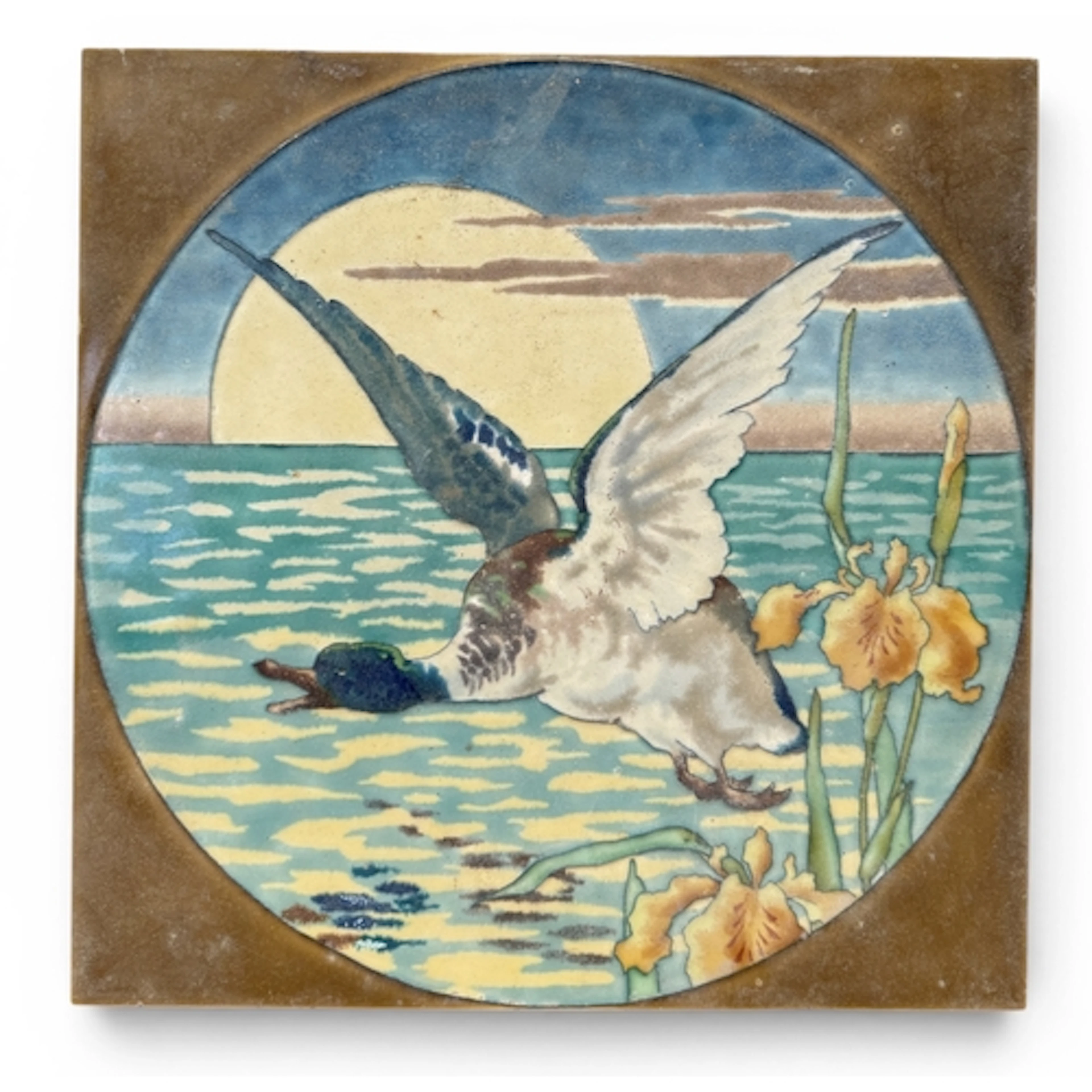 A LARGE PORCELAIN TILE DEPICTING A DUCK IN FLIGHT 41cm x 41c...