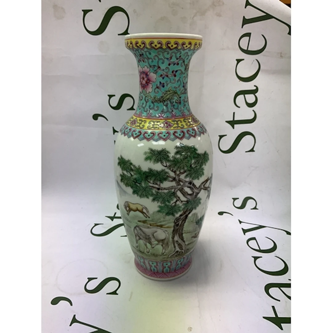Republic Chinese vase with horses under a tree with a mounta...