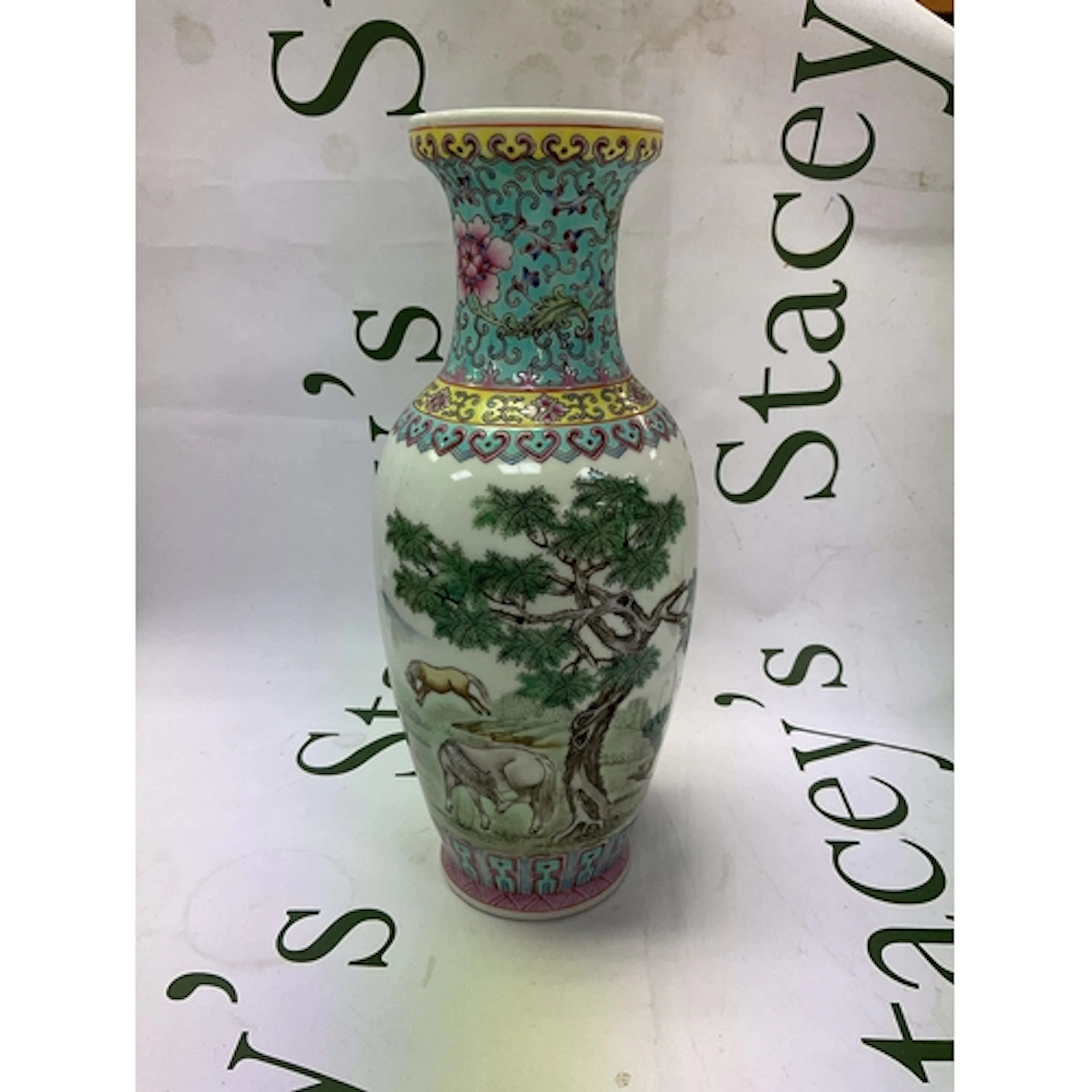 Republic Chinese vase with horses under a tree with a mounta...