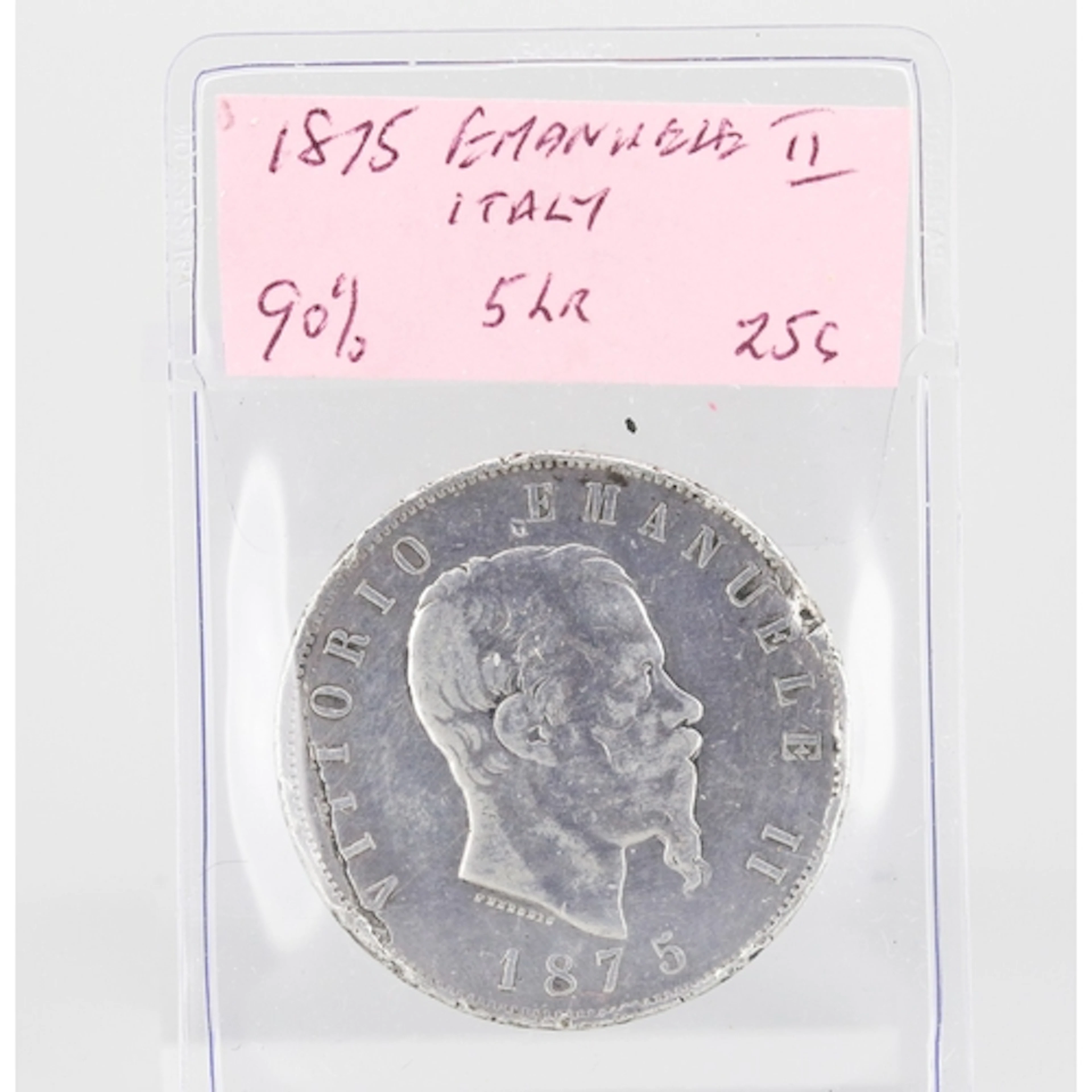 Silver Italian 5 Lire Coin, Vittorio Emanuele II 1875