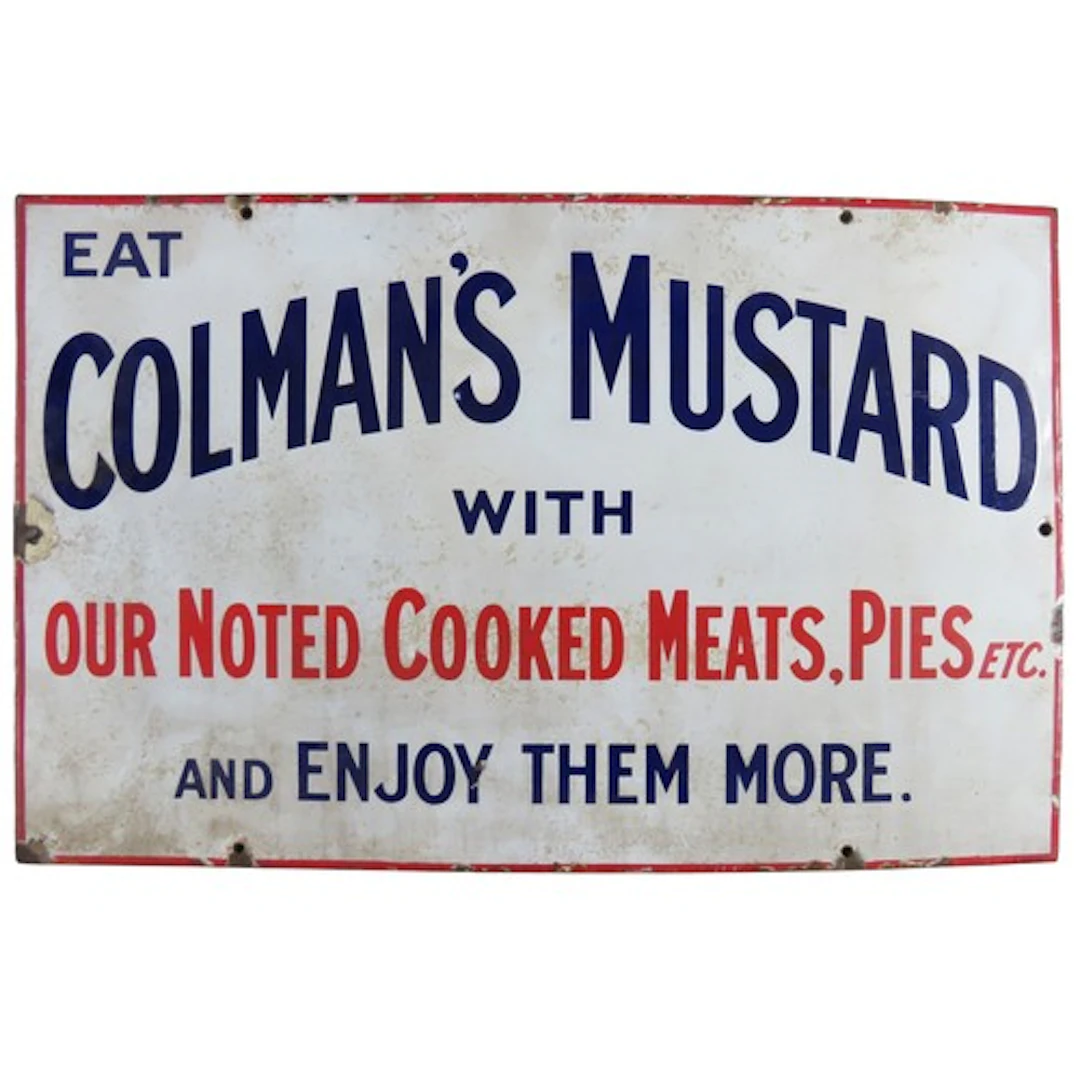 AN ENAMEL ADVERTISING SIGN FOR COLMAN'S MUSTARD red and blue...