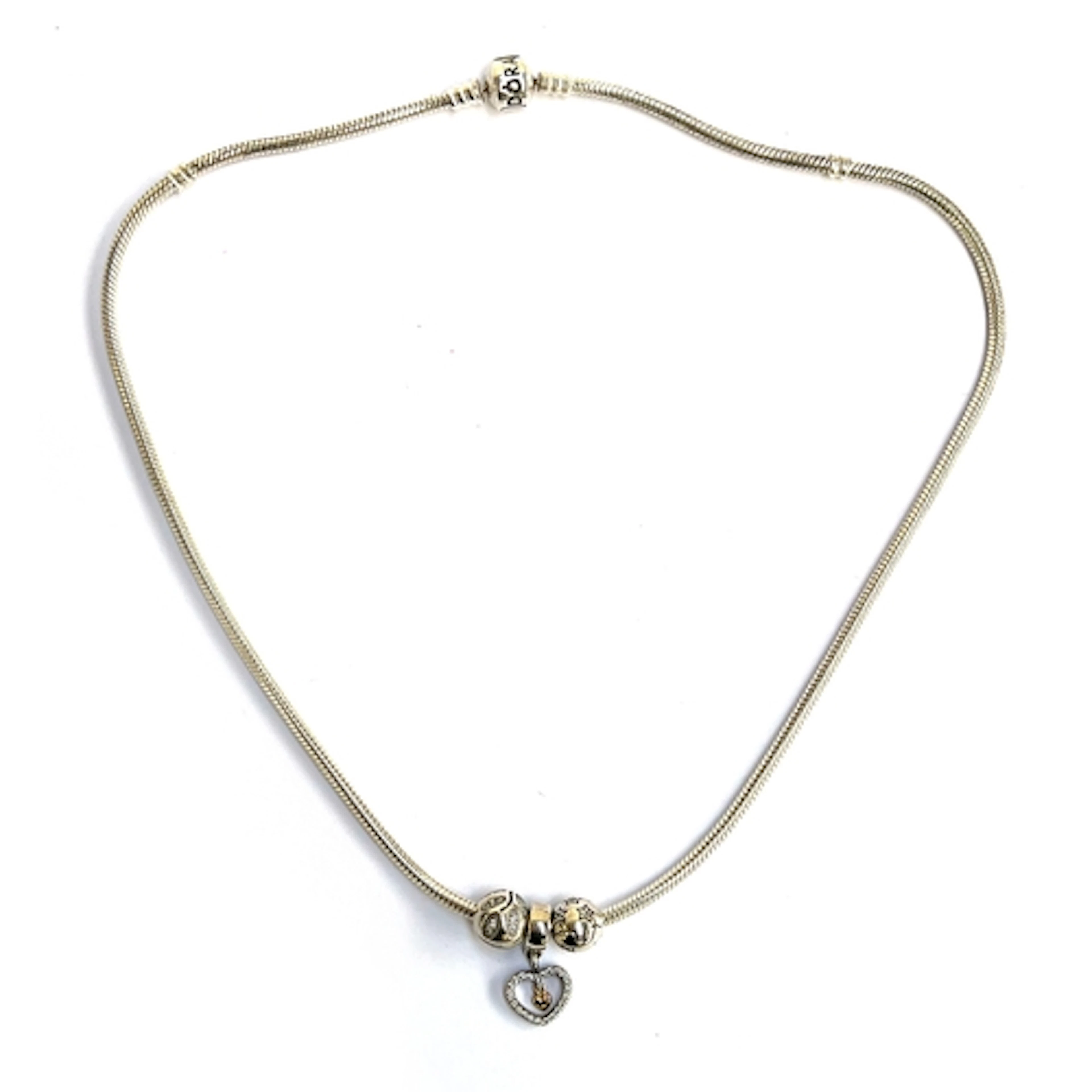 A further Pandora silver necklace with CZ heart charm and tw...