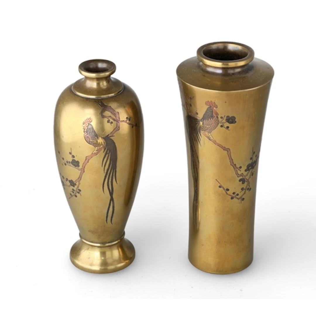 A MATCHED PAIR OF JAPANESE BRONZE/BRASS VASES Decorated with...