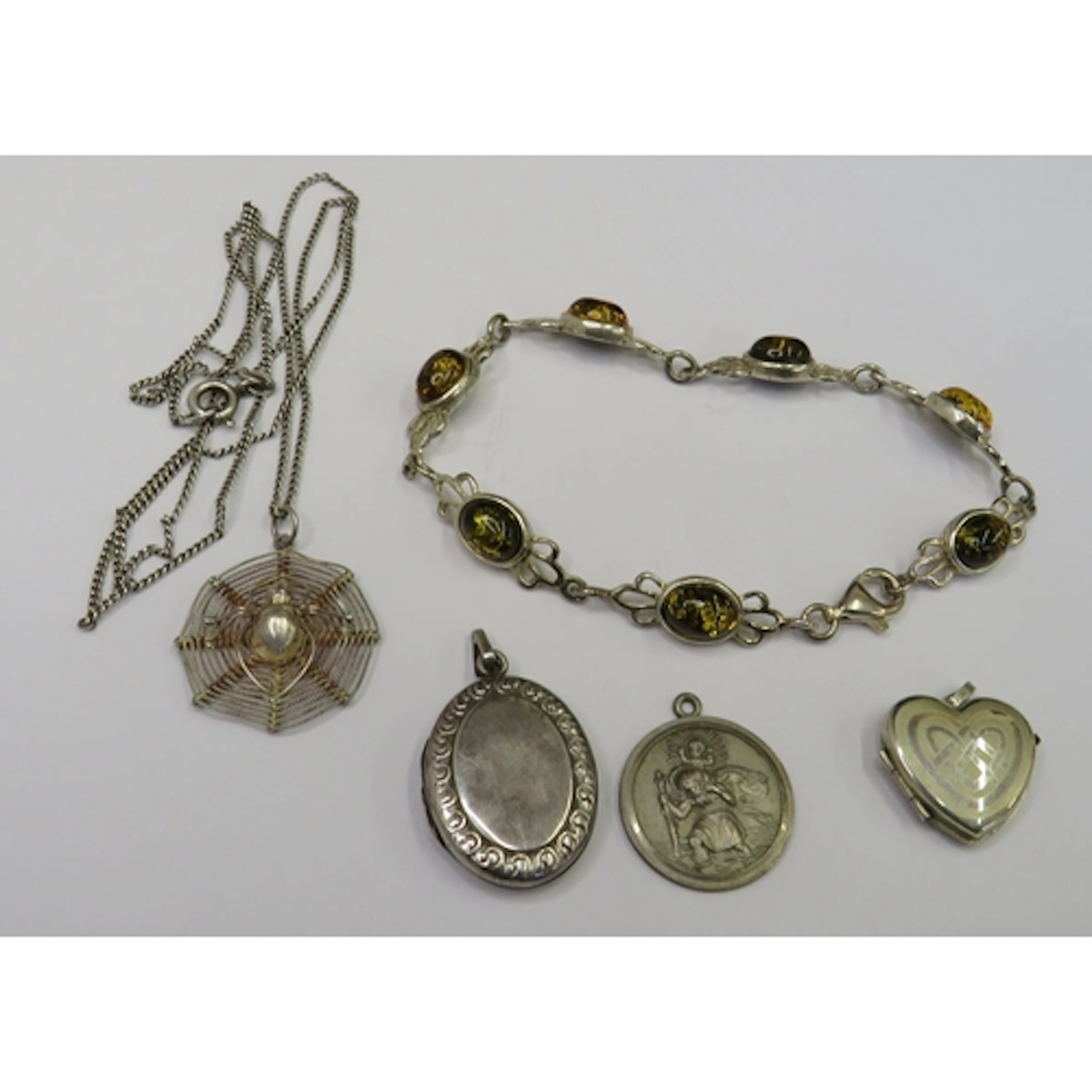 925 Silver Bracelet with oval green amber cabochon & fine si...