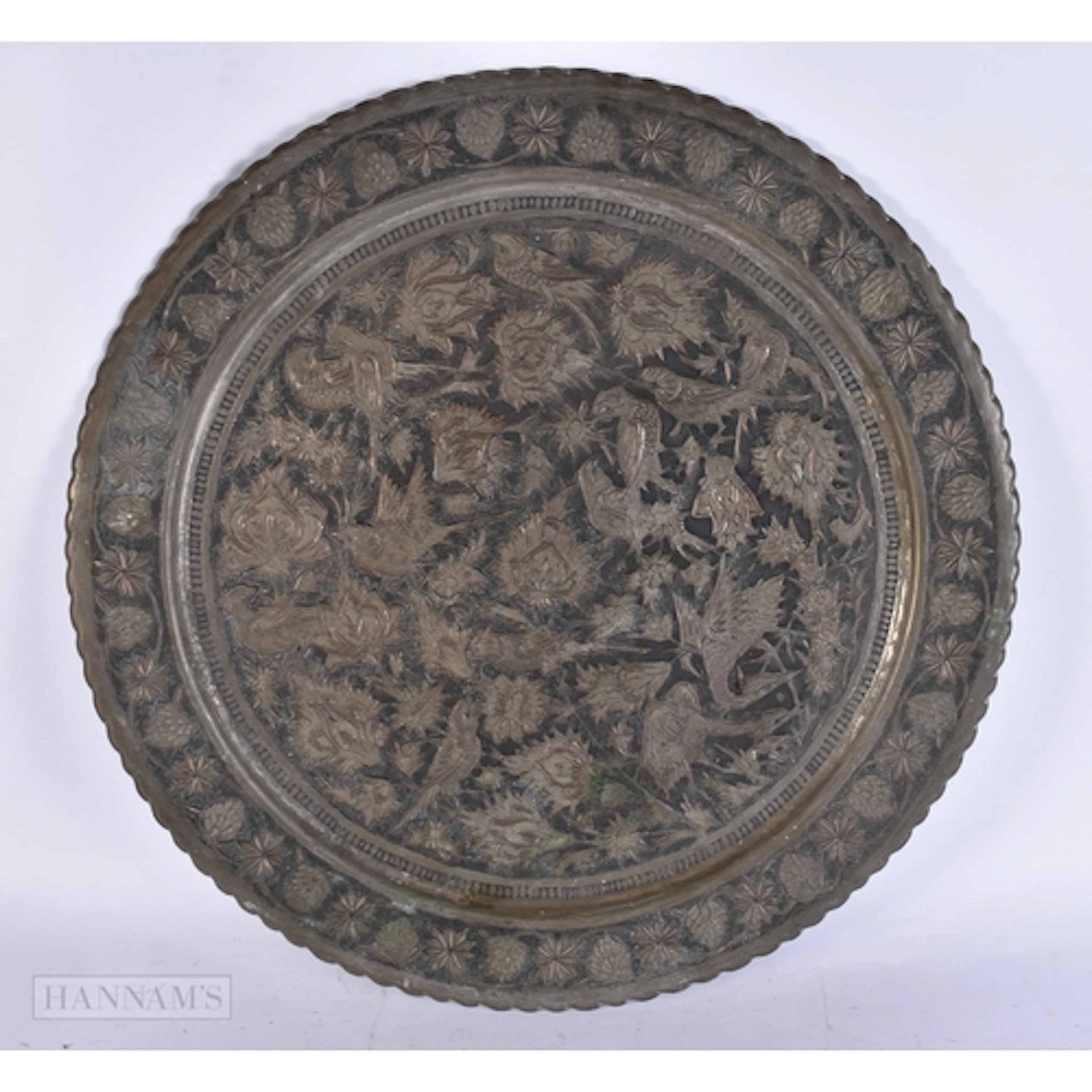Indo Persian Tray / Wall Hanging Silver Tone w/ Copper Inlay...