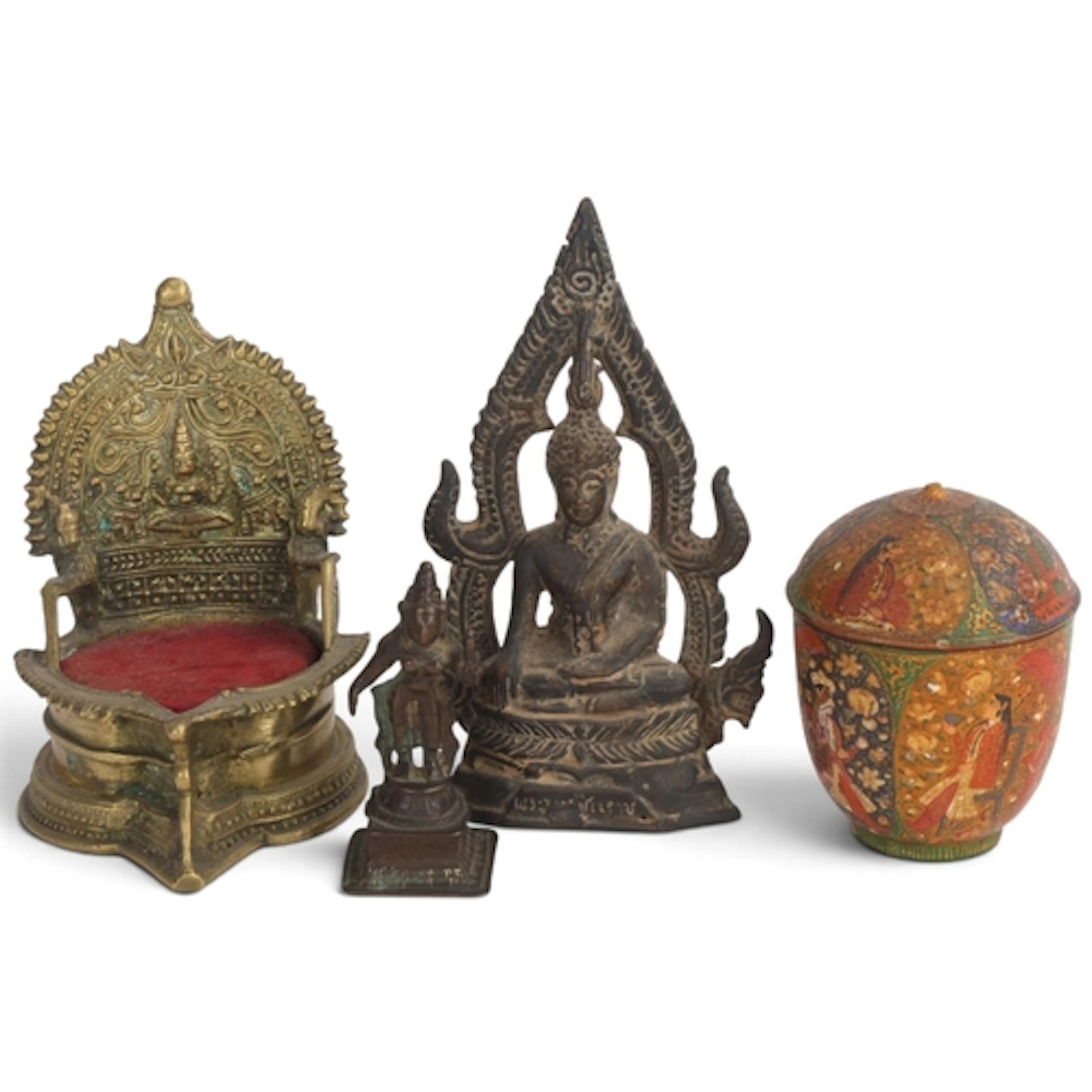 A small group of 3 Indian bronzes, and a Kashmir papier mach...
