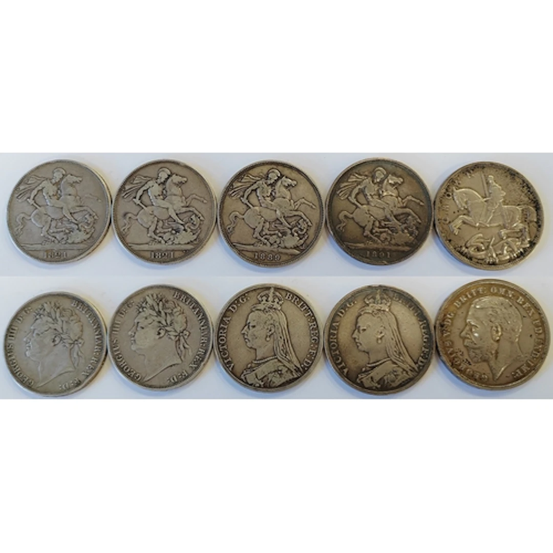 Range of silver crowns, includes 1821 (2), 1889, 1891 and 19...