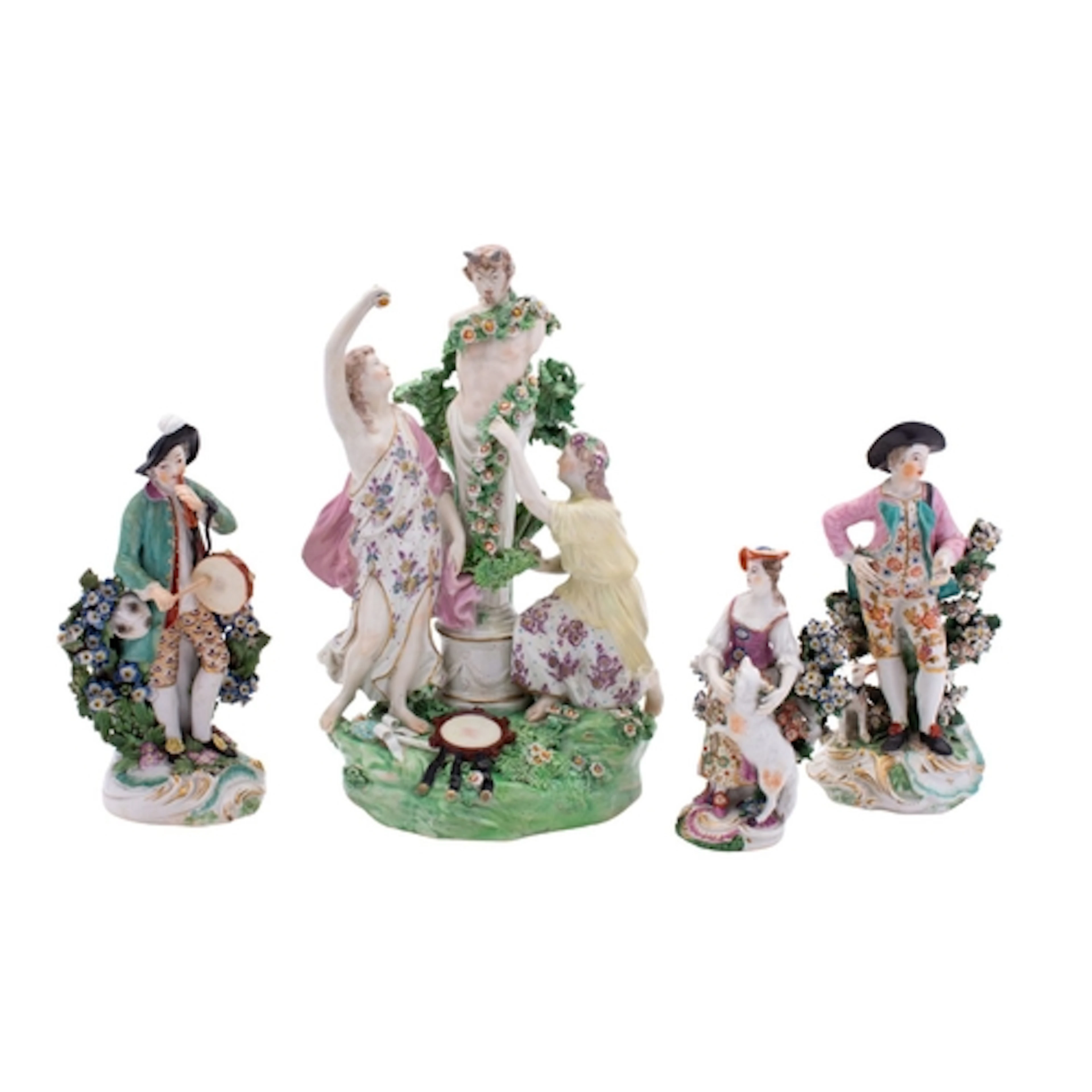A large Derby figure of 'Two Bacchantes adoring Pan' and thr...