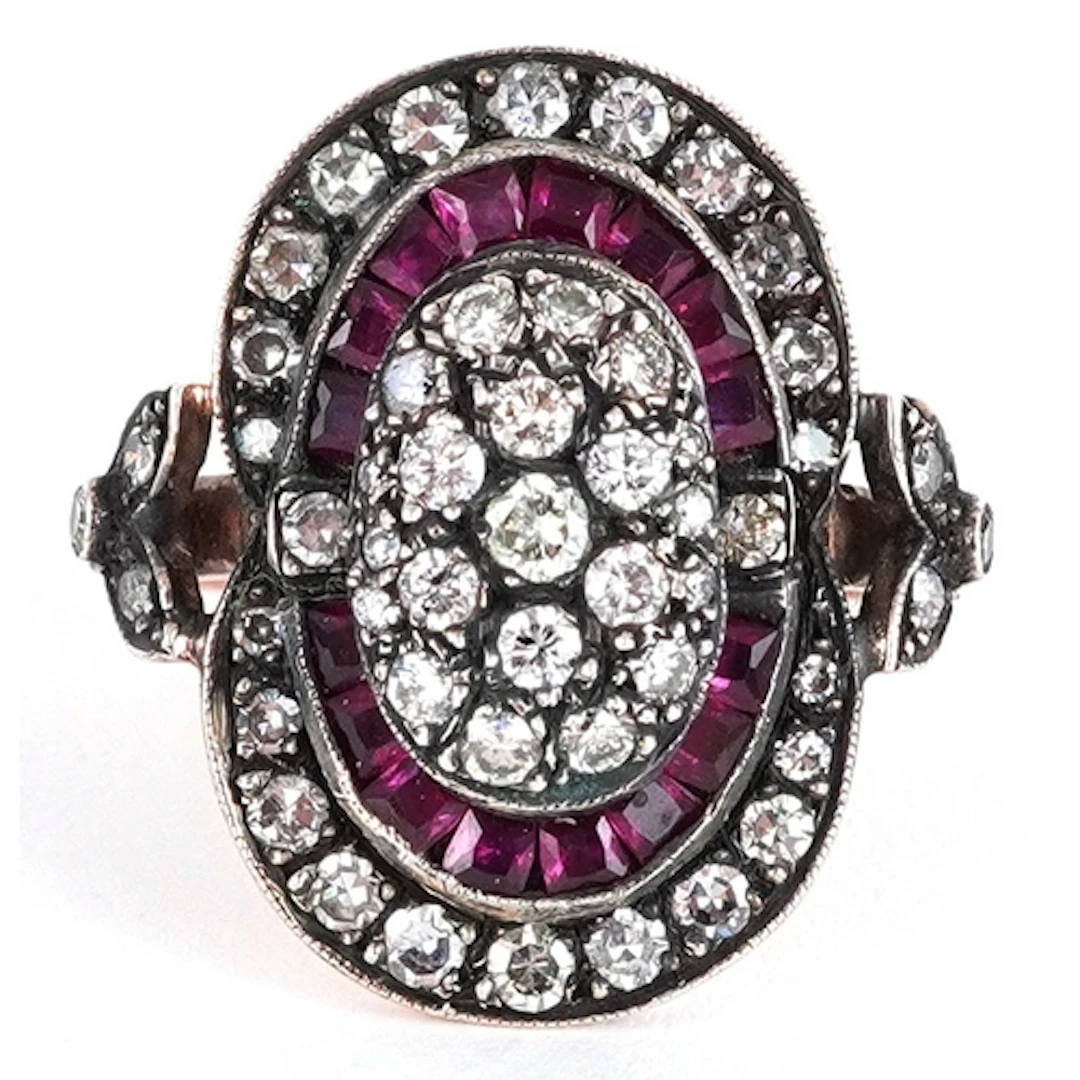 Victorian style unmarked 8ct rose gold cocktail ring set wit...