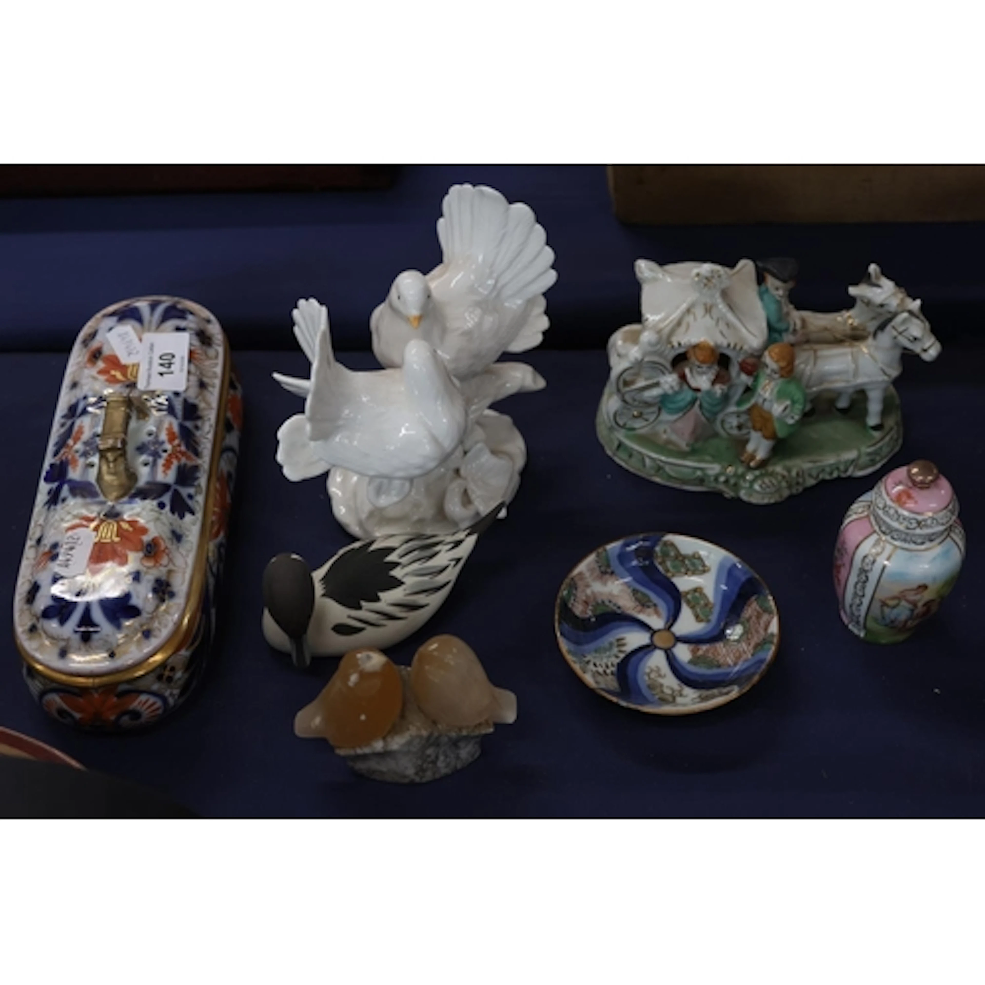 Ceramics including Imari brush case, figure groups, doves, p...