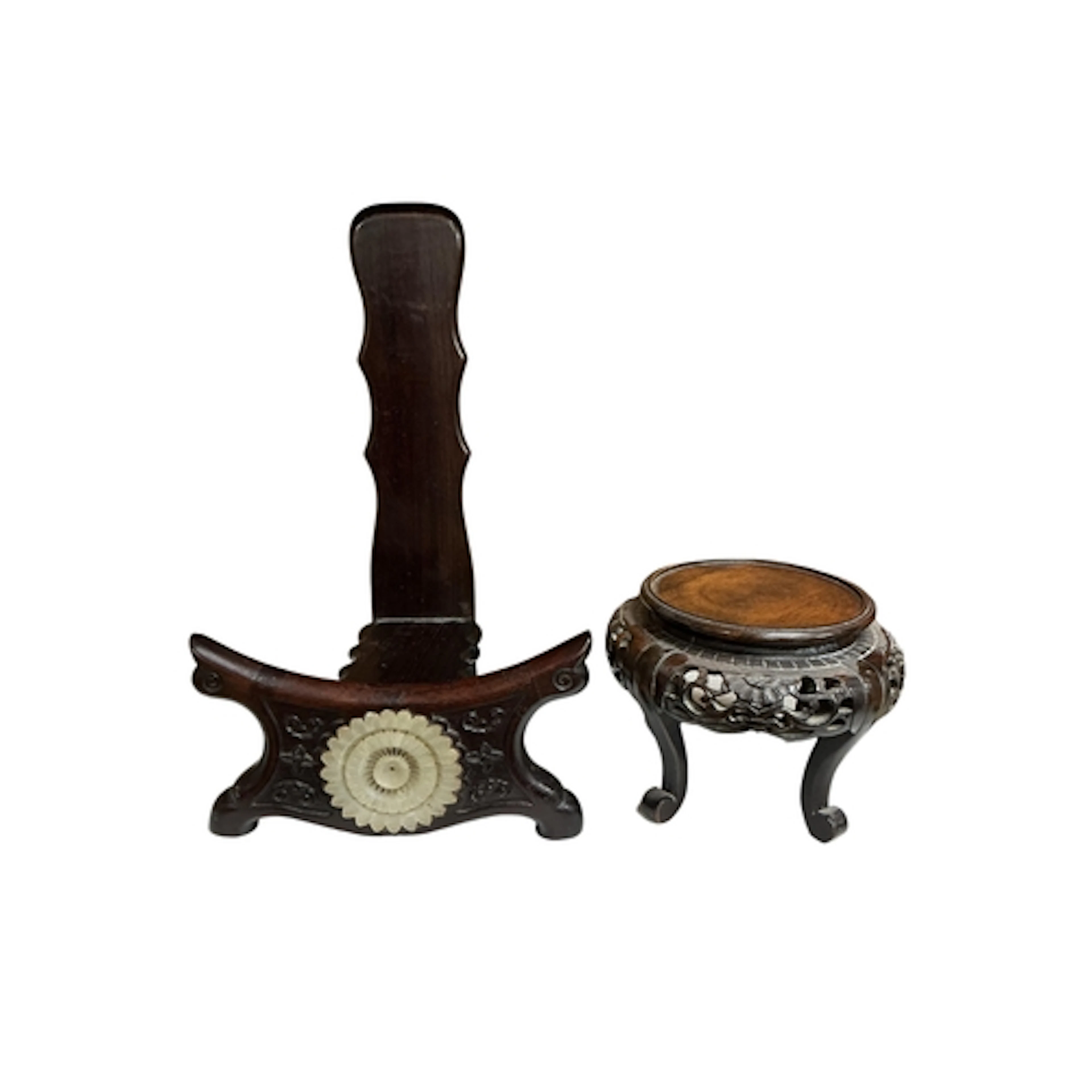 A Chinese jade mounted hardwood plate stand, height 29cm and...