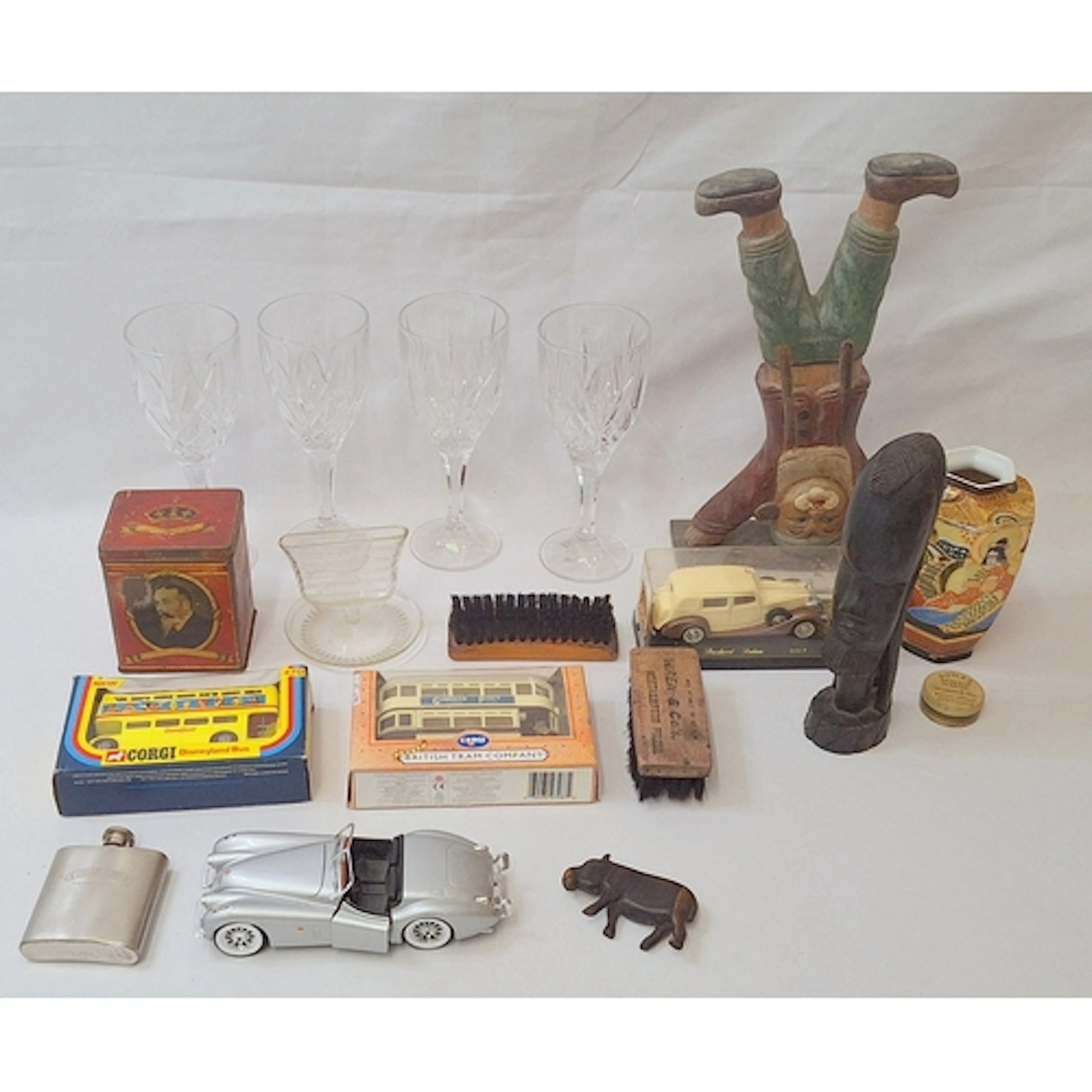 4 Crystal Wine Glasses, wooden figurine jester, Japanese sma...