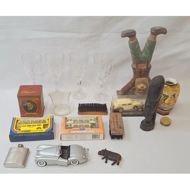 4 Crystal Wine Glasses, wooden figurine jester, Japanese sma...