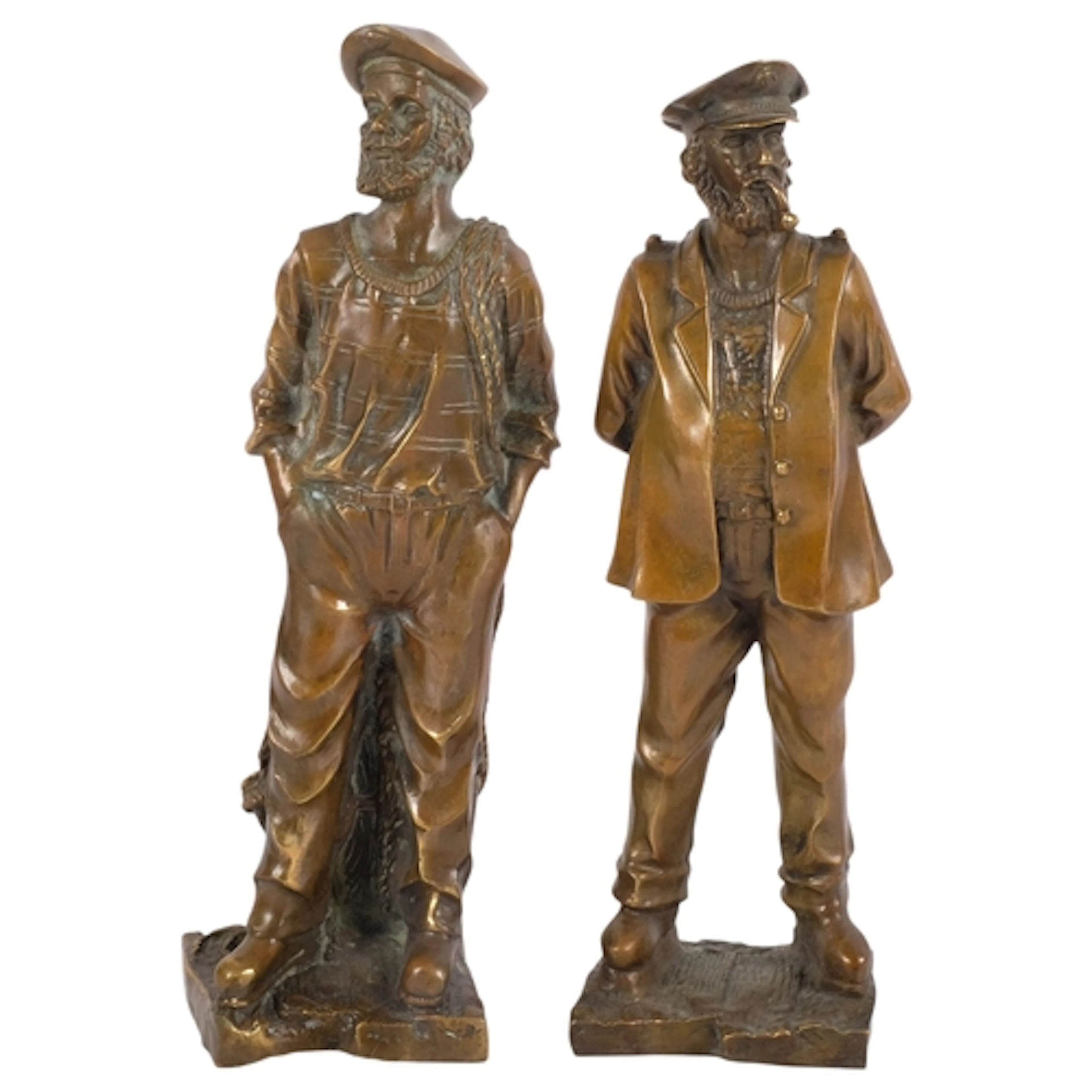 A pair of hollow cast-bronze fishermen, tallest 36cm