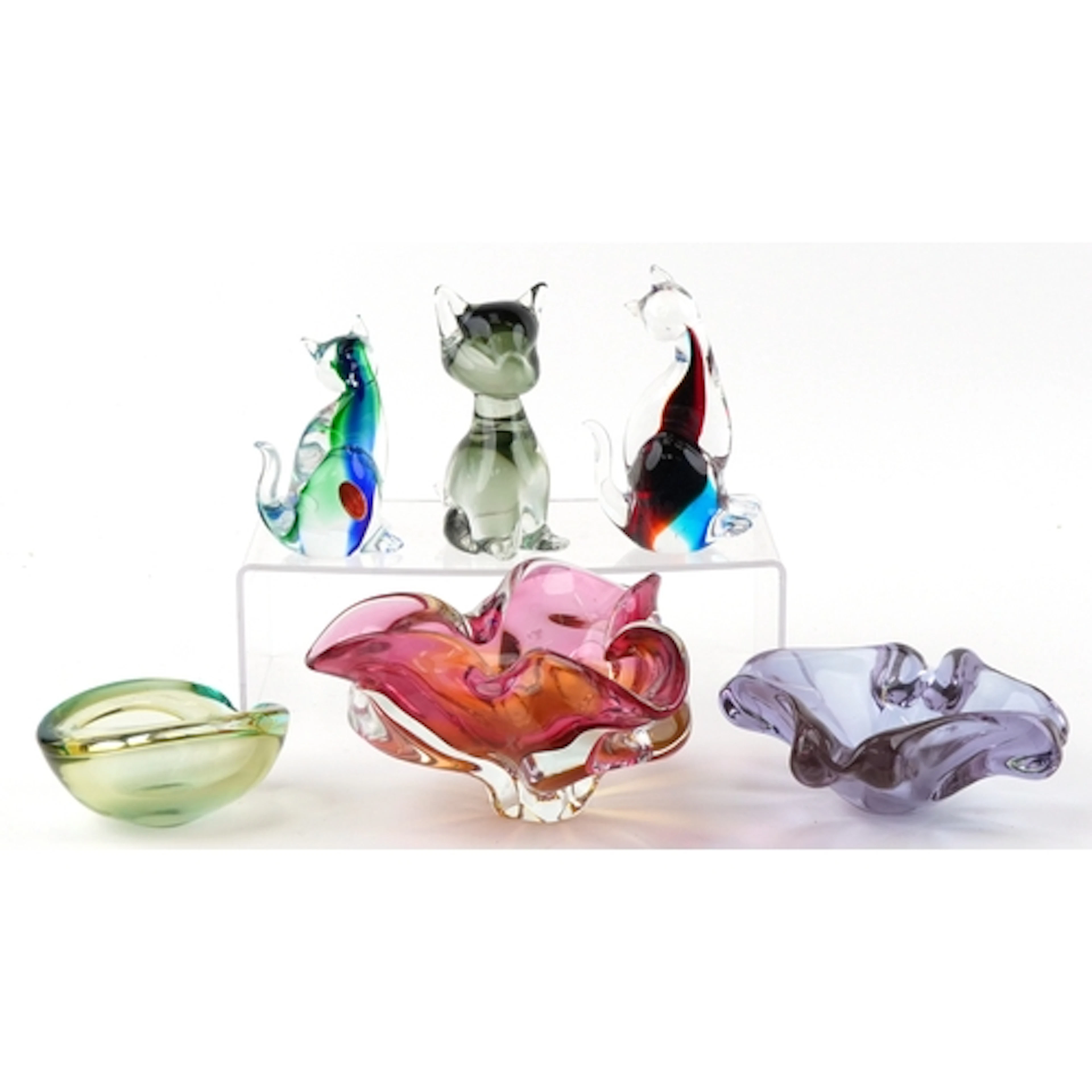 Collection of Murano style glassware including cats and bowl...