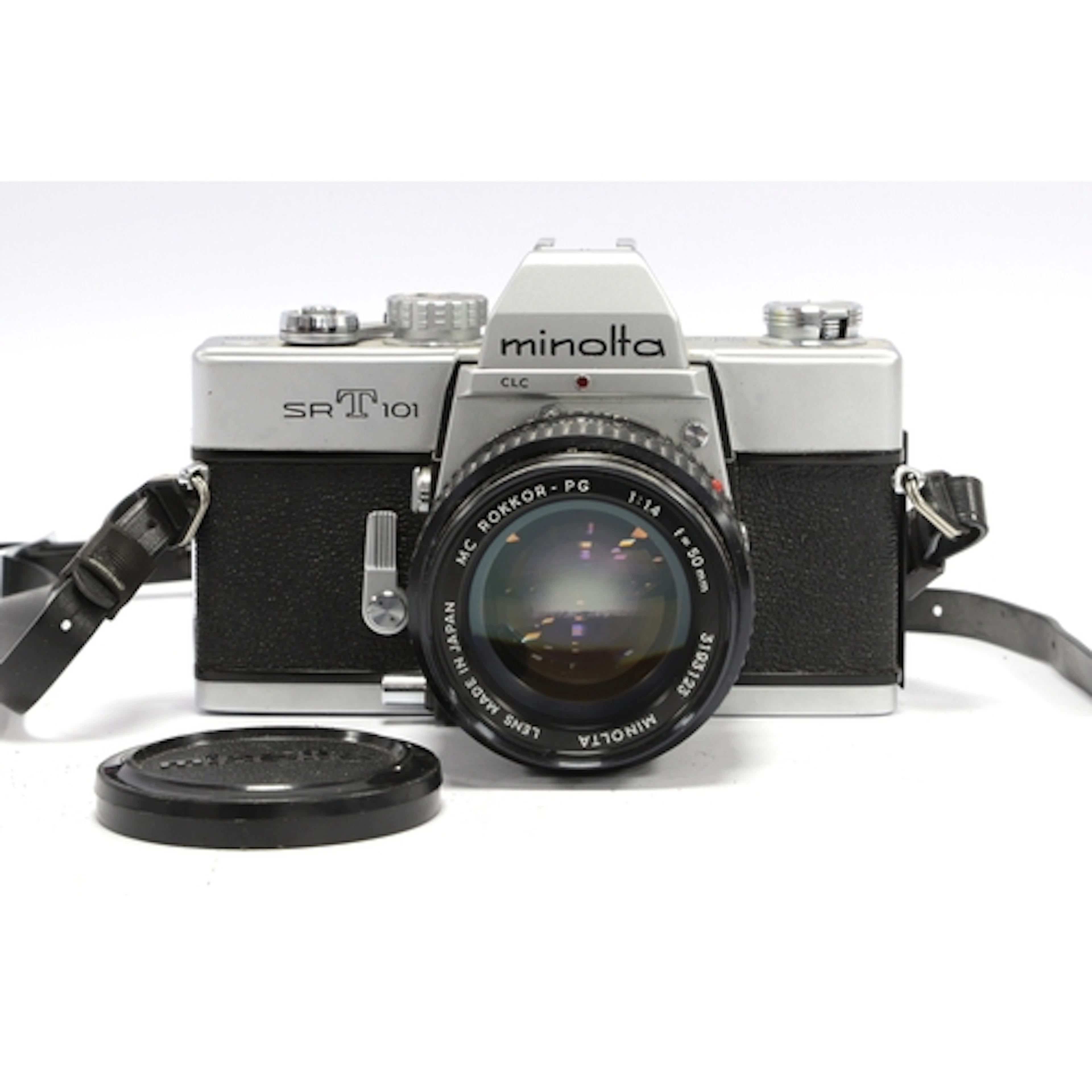 Minolta SRT101 35mm SLR Film Camera with attached Minolta MC...