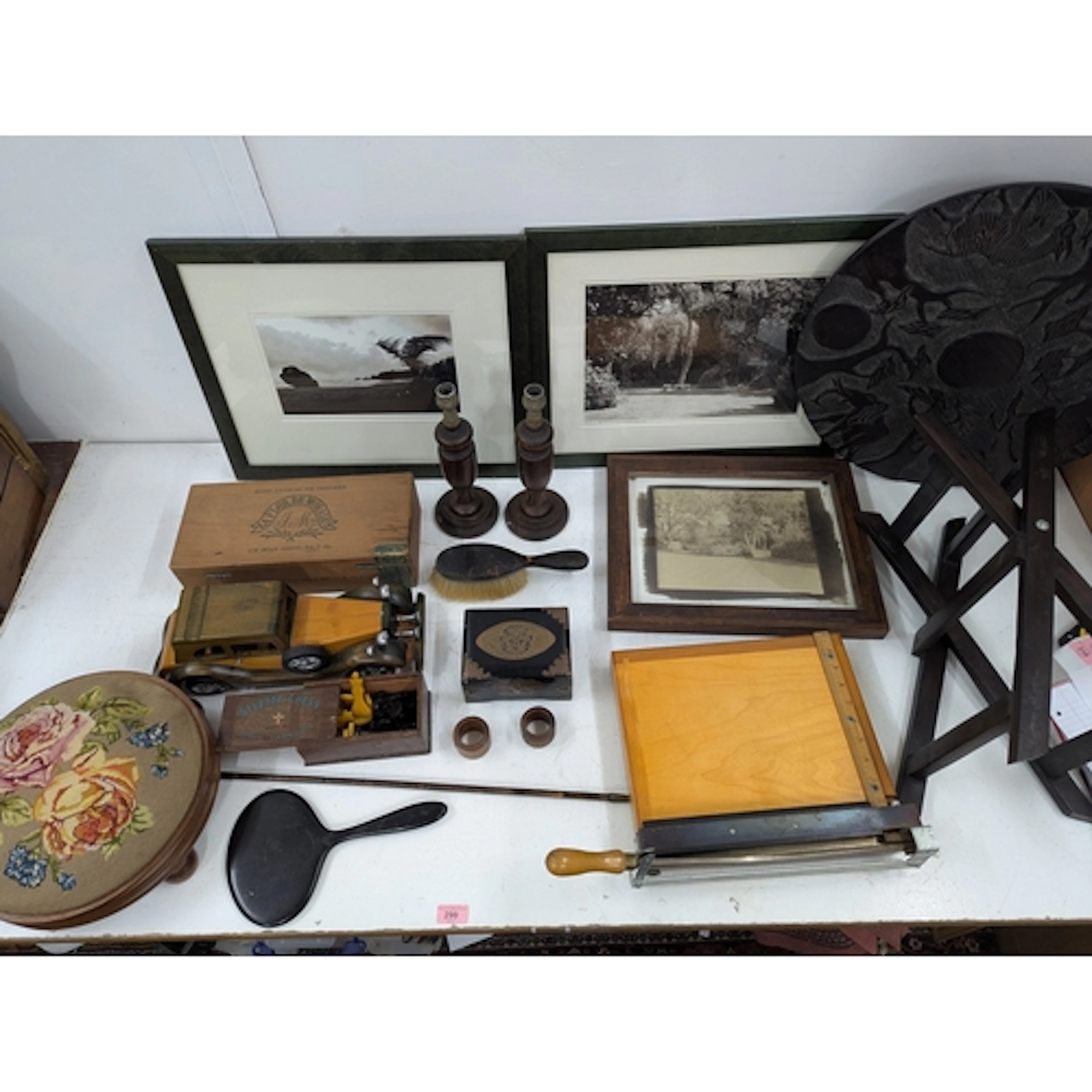 Treen and ceramics to include an African carved table, a cig...