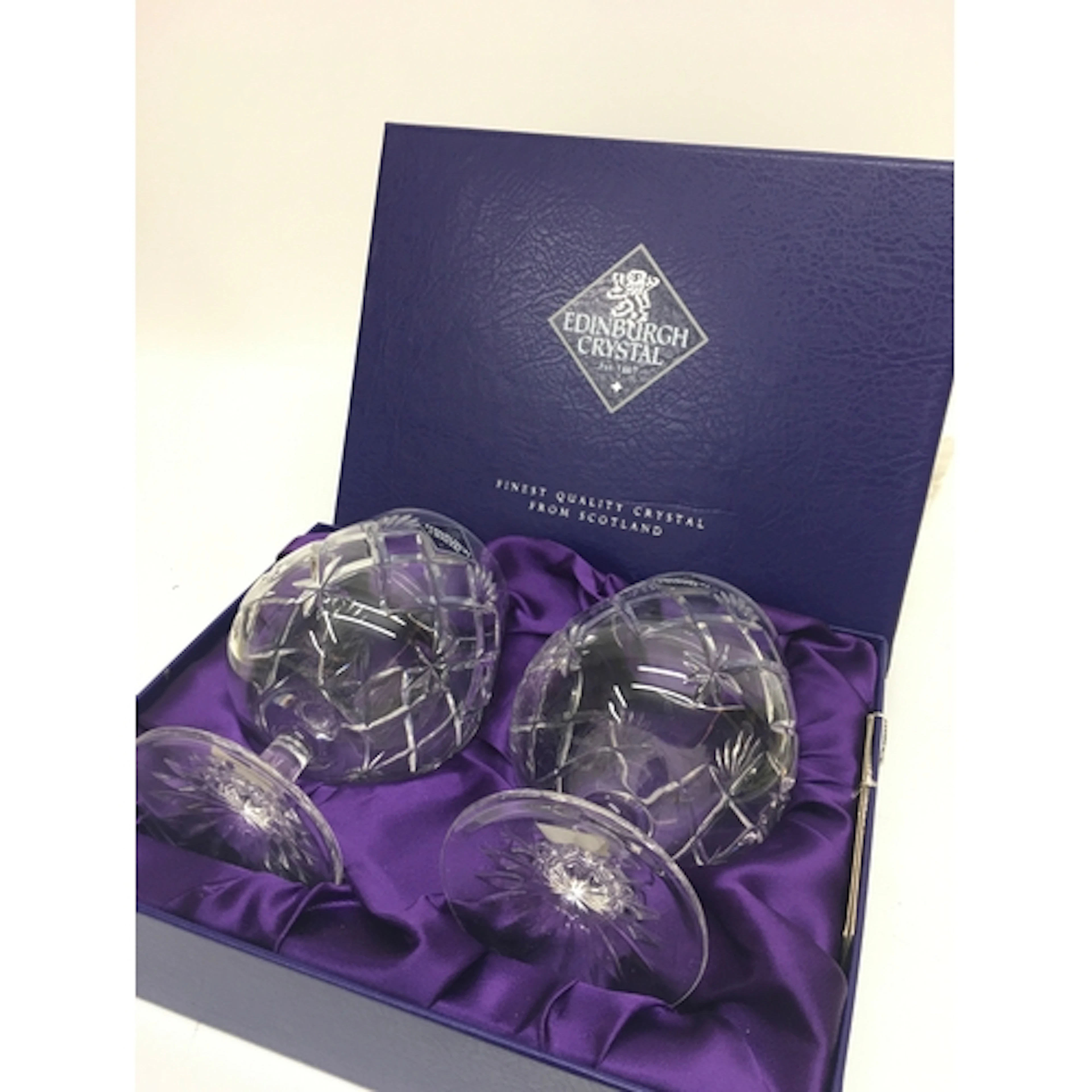 A boxed pair of Edinburgh brandy glasses